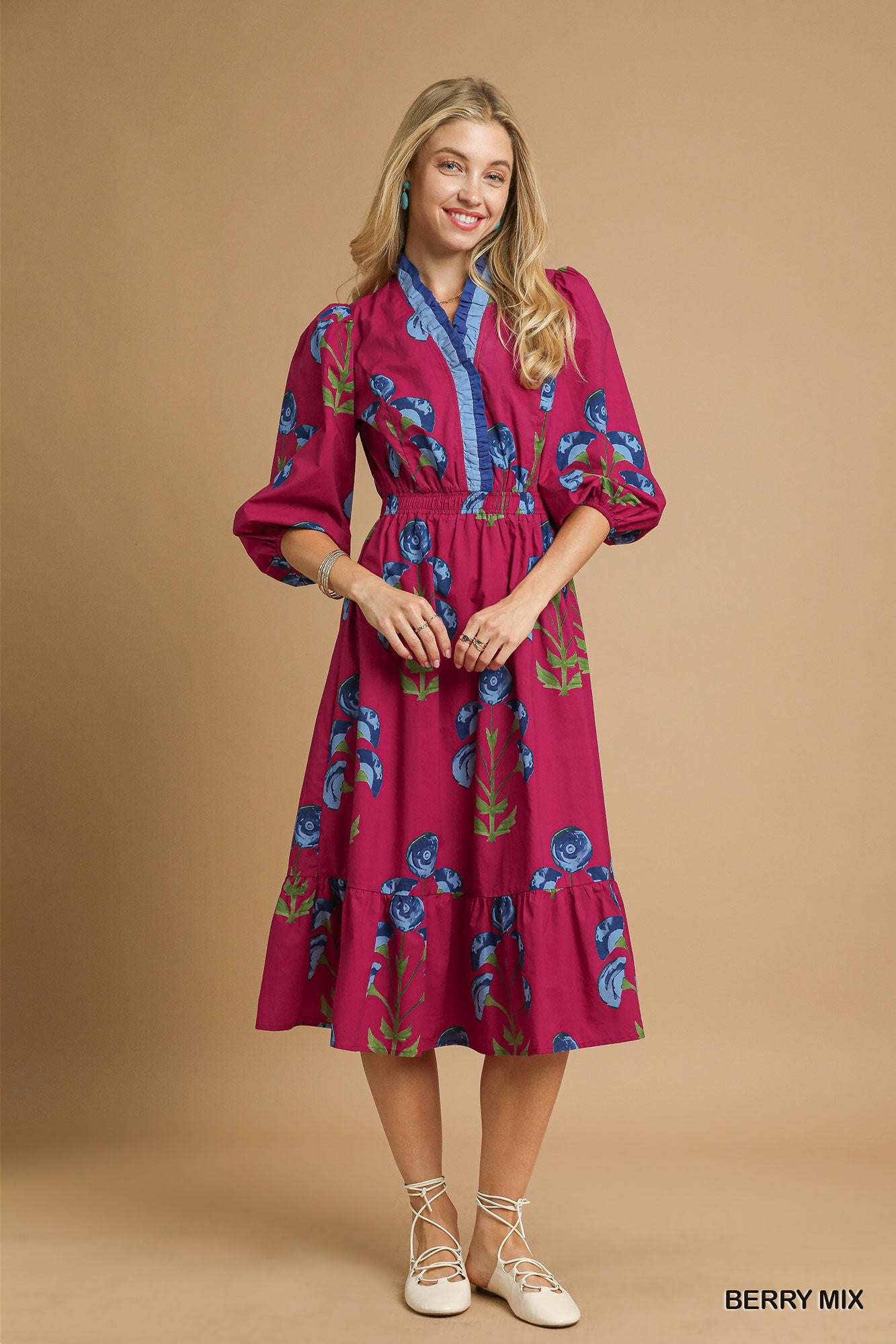 Umgee Floral Midi Dress With Ruffle Trim In Berry Mix *COMING SOON*