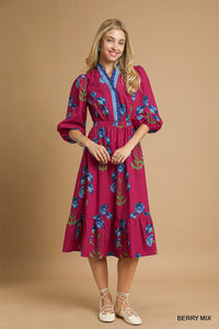 Umgee Floral Midi Dress With Ruffle Trim In Berry Mix *COMING SOON*