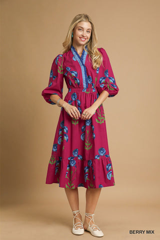 Umgee Floral Midi Dress With Ruffle Trim In Berry Mix *COMING SOON*