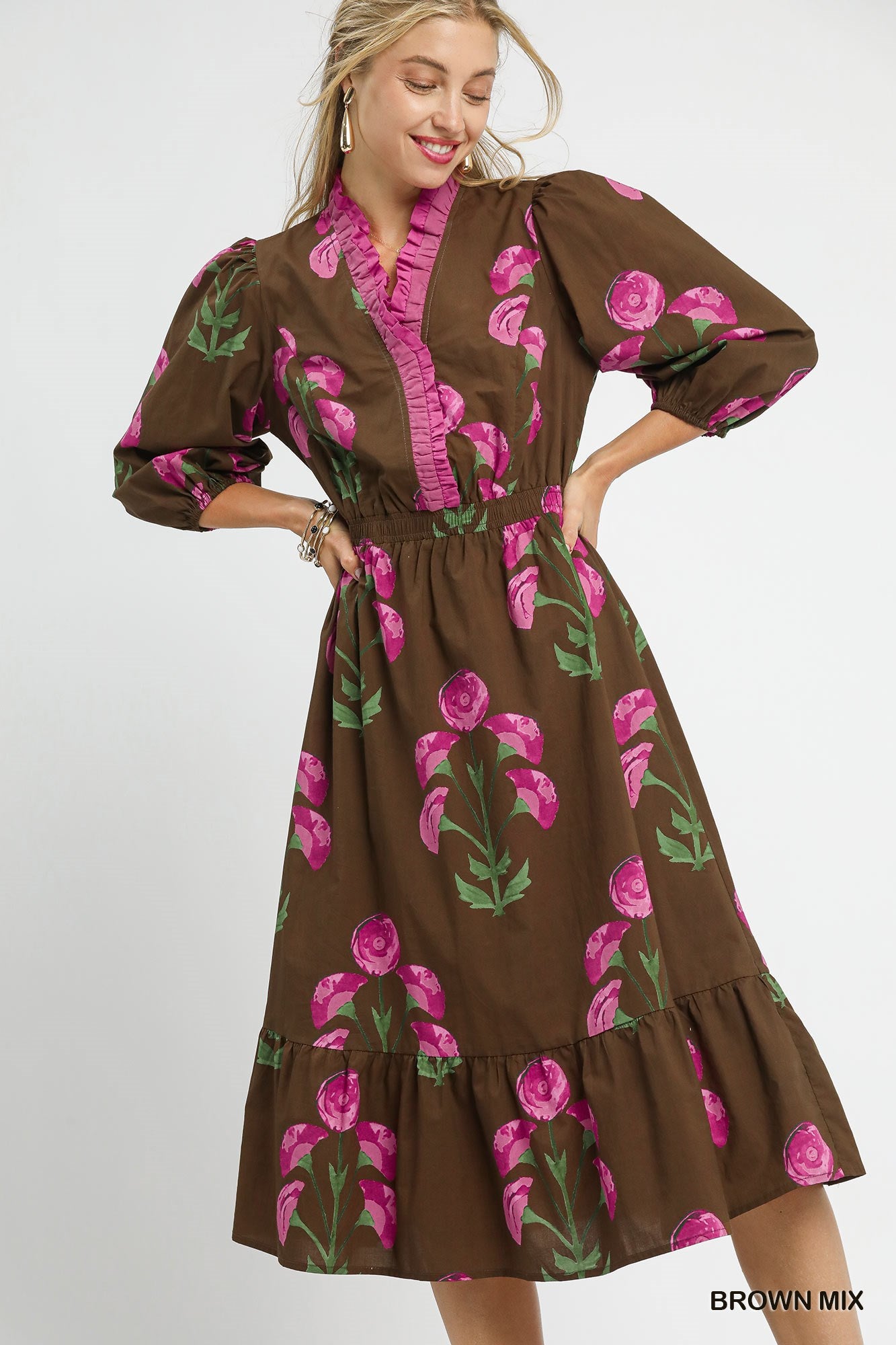 Umgee Floral Mini Dress With Ruffle Trim In Brown Mix *COMING SOON*