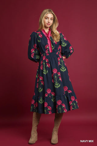 Umgee Floral Midi Dress With Ruffle Trim In Navy Mix *COMING SOON*