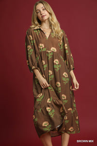 Umgee Floral Print Maxi Dress With Bubble Sleeves In Brown *COMING SOON*