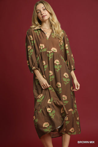 Umgee Floral Print Maxi Dress With Bubble Sleeves In Brown *COMING SOON*