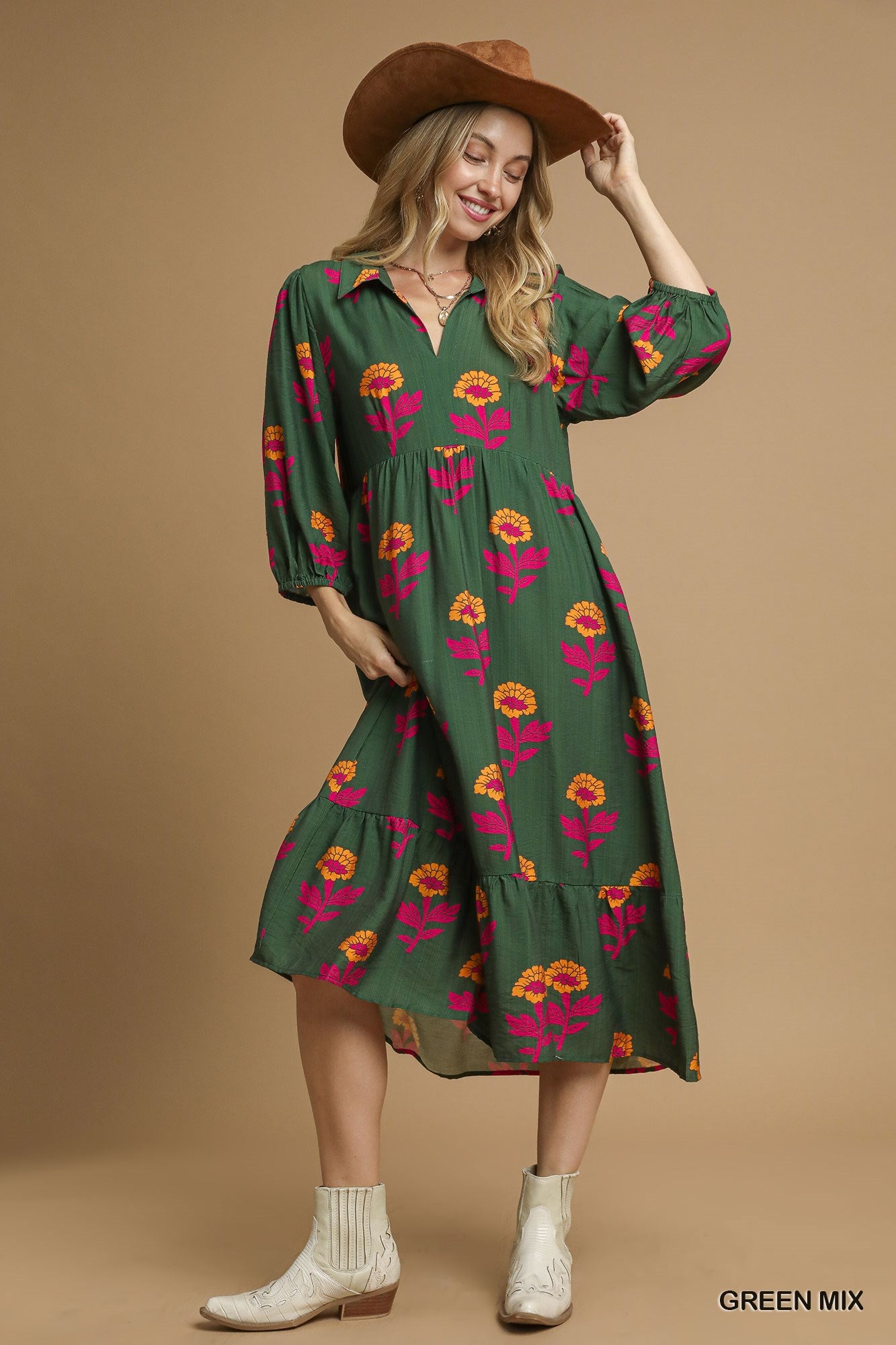 Umgee Floral Print Maxi Dress With Bubble Sleeves In Green Mix *COMING SOON*