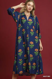 Umgee Floral Print Maxi Dress With Bubble Sleeves In Navy *COMING SOON*