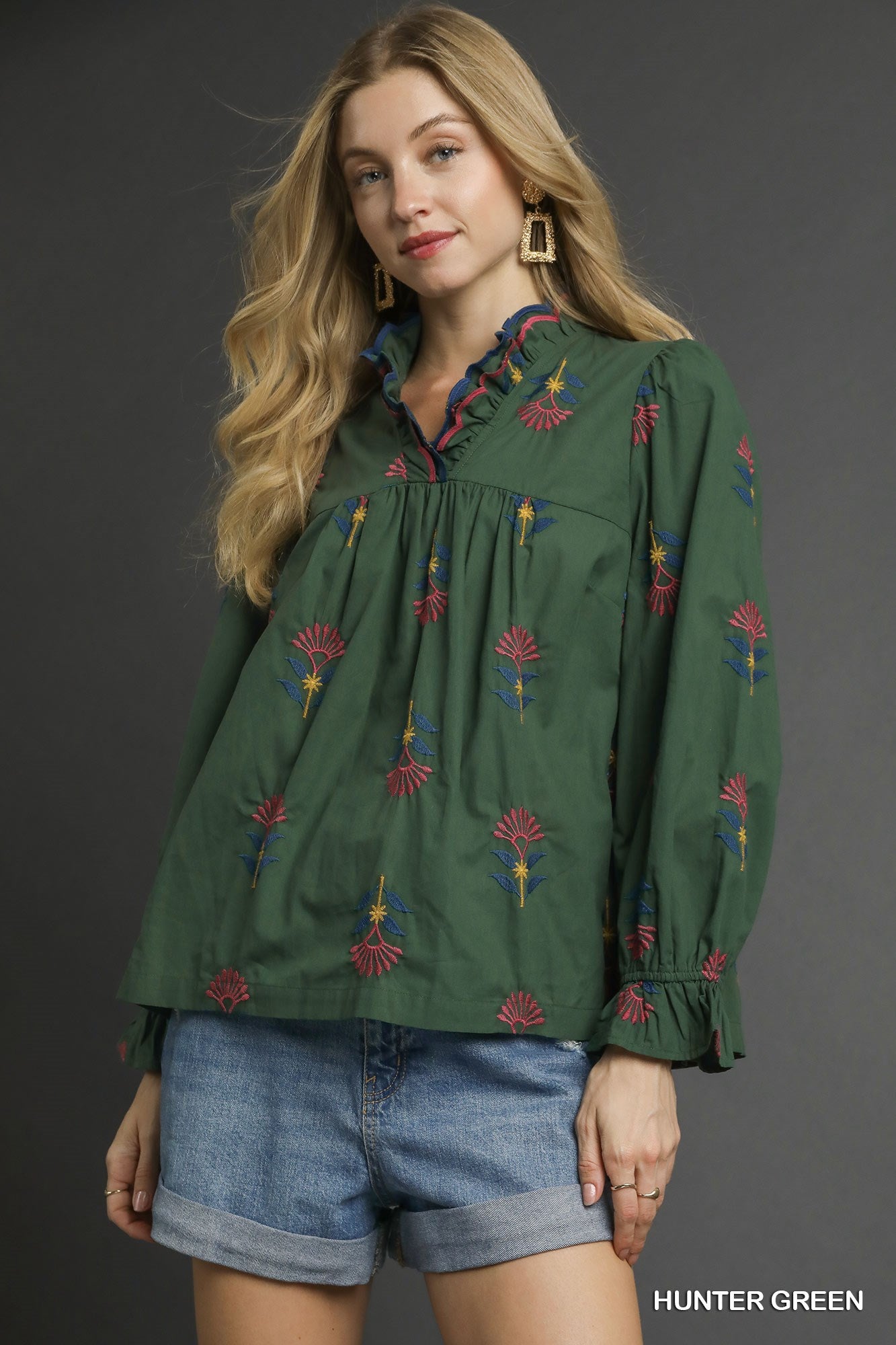 Umgee Embroidered Ruffle Neck Top In Hunter Green *COMING SOON*