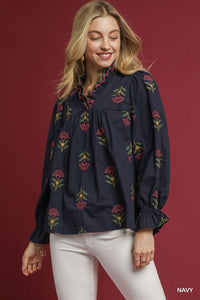 Umgee Embroidered Ruffle Neck Top In Navy *COMING SOON*