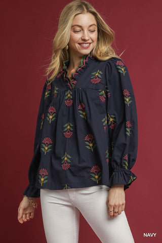 Umgee Embroidered Ruffle Neck Top In Navy *COMING SOON*