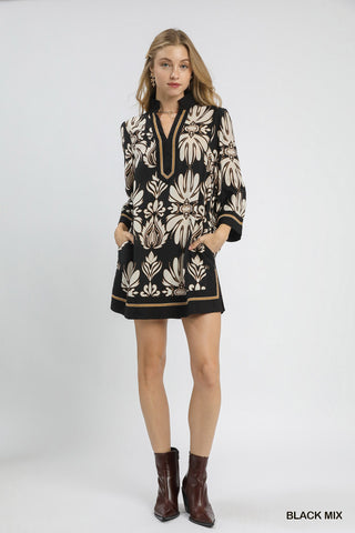 Umgee Baroque Floral Tunic Top with Gold Trim In Black  *COMING SOON*