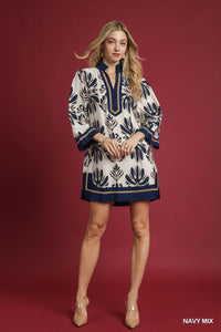 Umgee Baroque Floral Tunic Top with Gold Trim In Navy *COMING SOON*