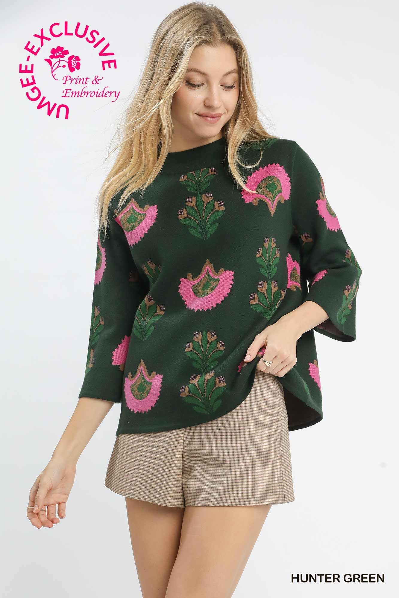 Umgee Floral Knit Sweater In Hunter Green *COMING SOON*