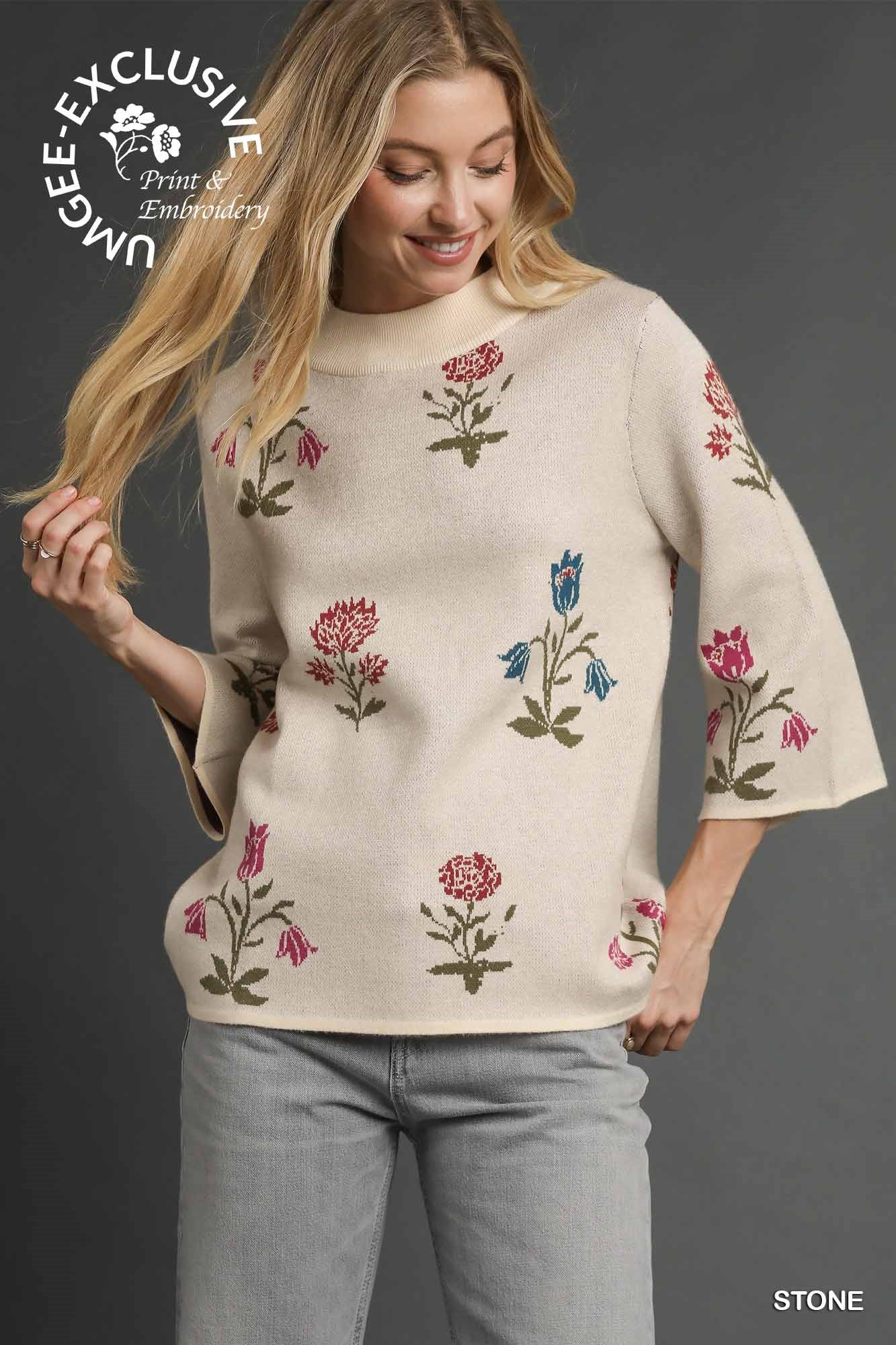 Umgee Floral Knit Sweater Top In Stone *COMING SOON*