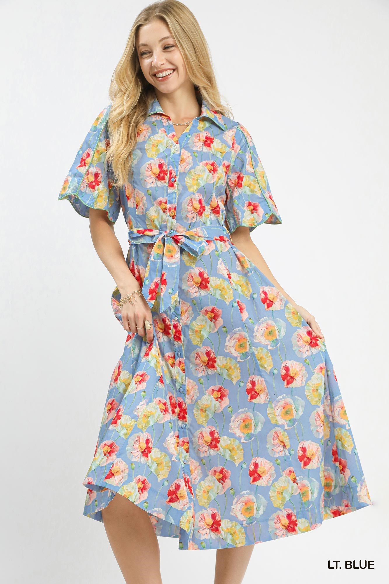 UMGEE Button Down Floral Midi Dress In Light Blue
