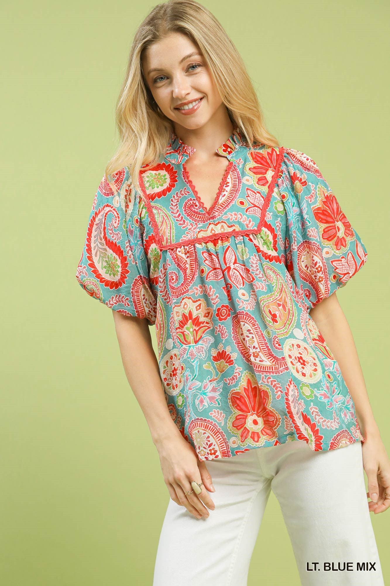 Umgee Paisley Print Puff Sleeve Top In Light Blue *COMING SOON*