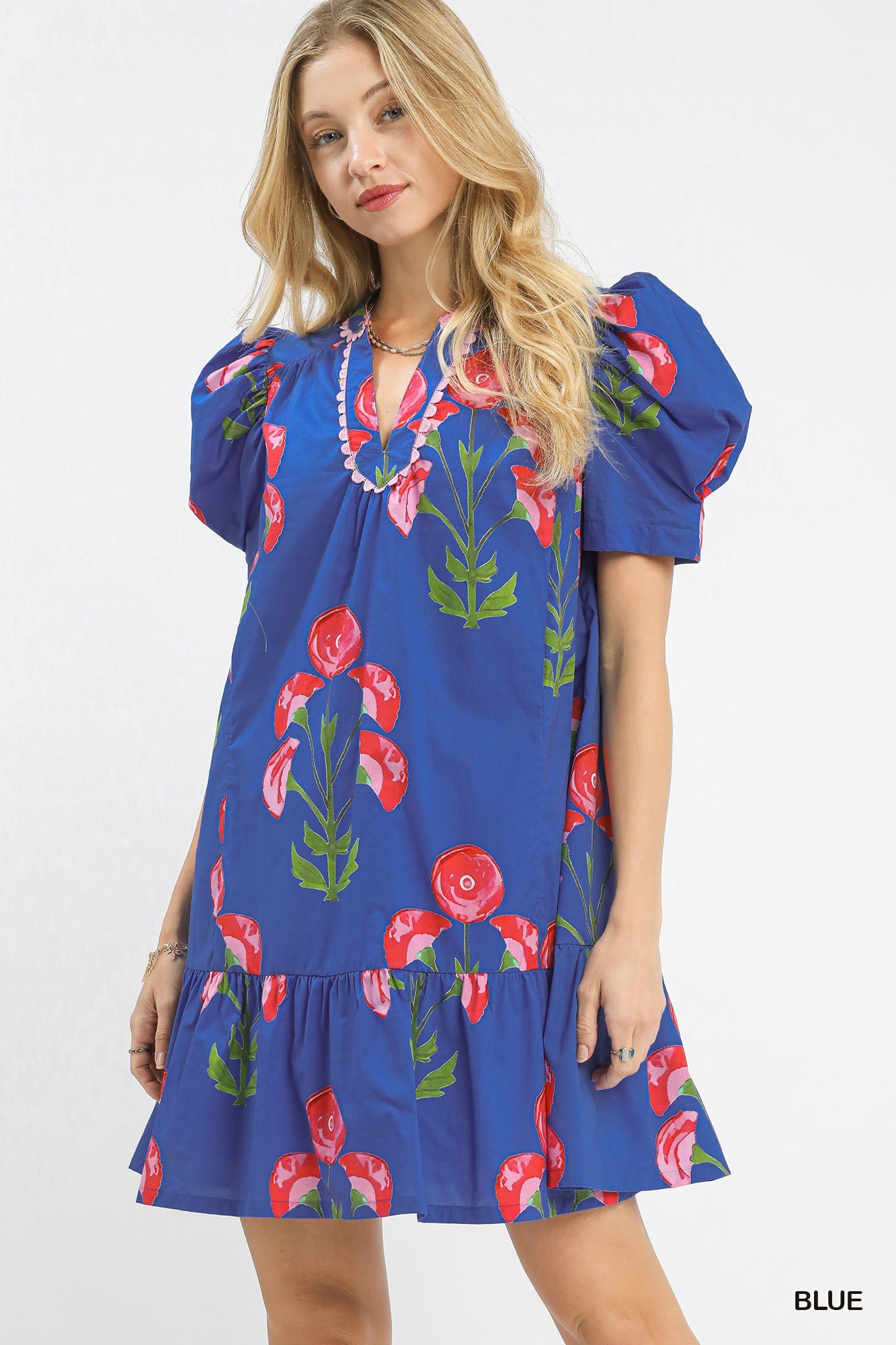 Umgee Floral Print Mini Dress With Scallop Trim In Blue *COMING SOON*
