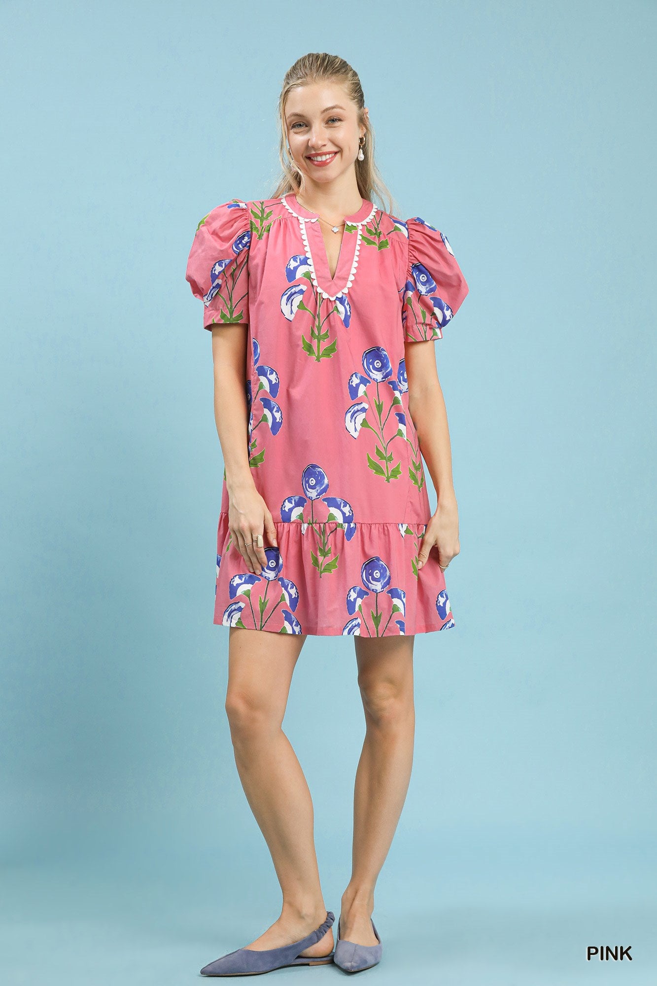 Umgee Floral Print Mini Dress With Scallop Trim In Pink *COMING SOON*