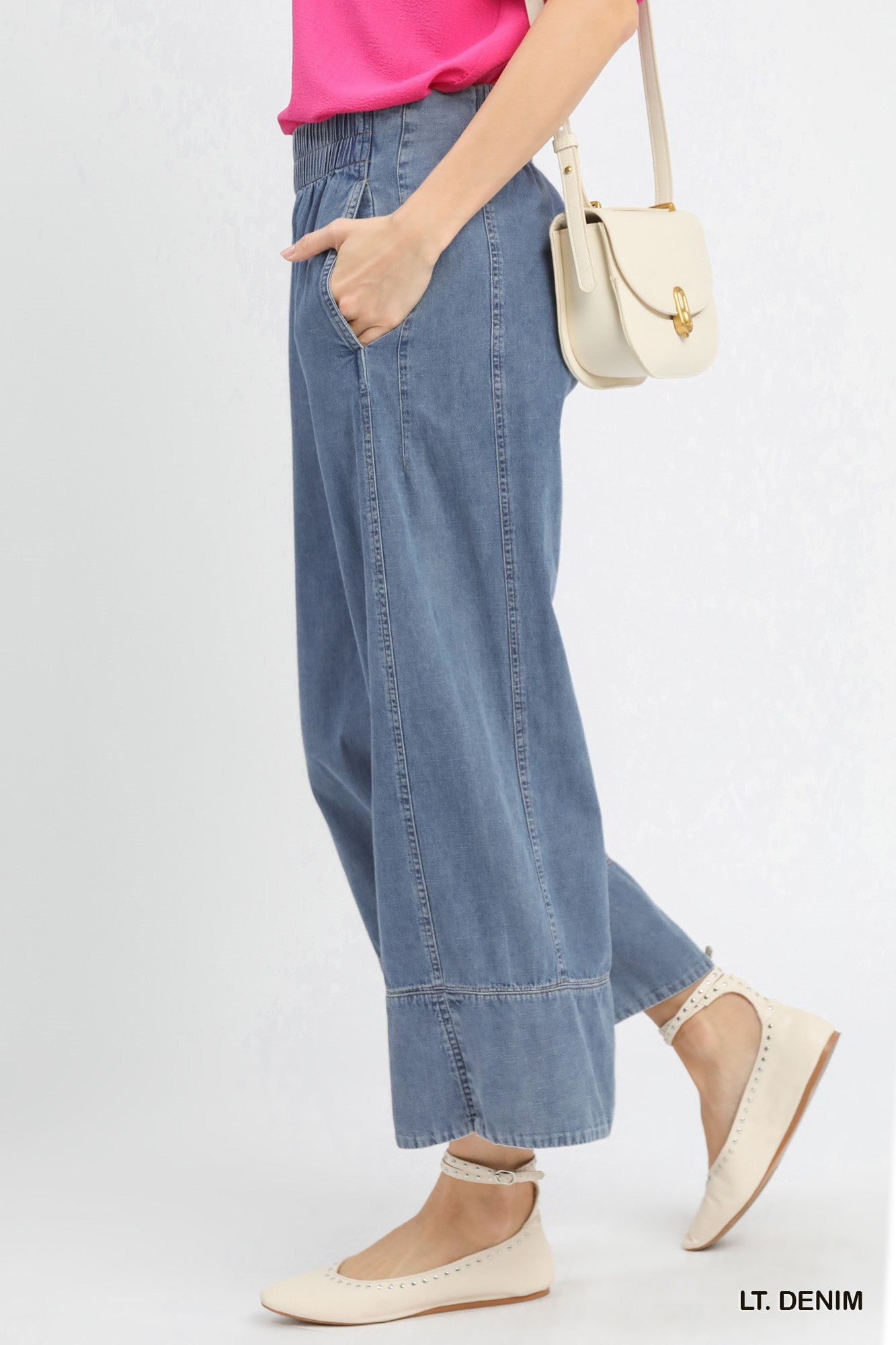 Umgee Stone Washed Denim Wide Leg Pants In Light Denim