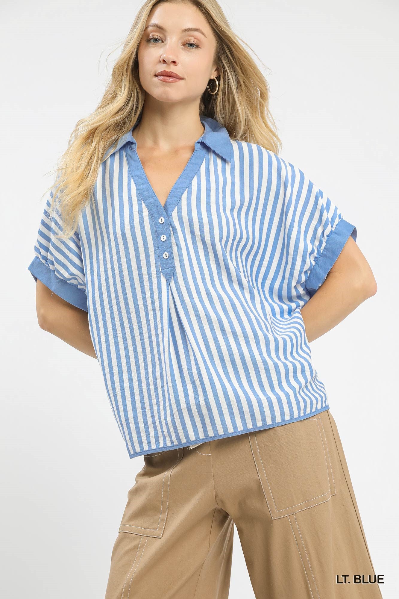 Umgee Striped Collar Oversized Top In Light Blue *COMING SOON*