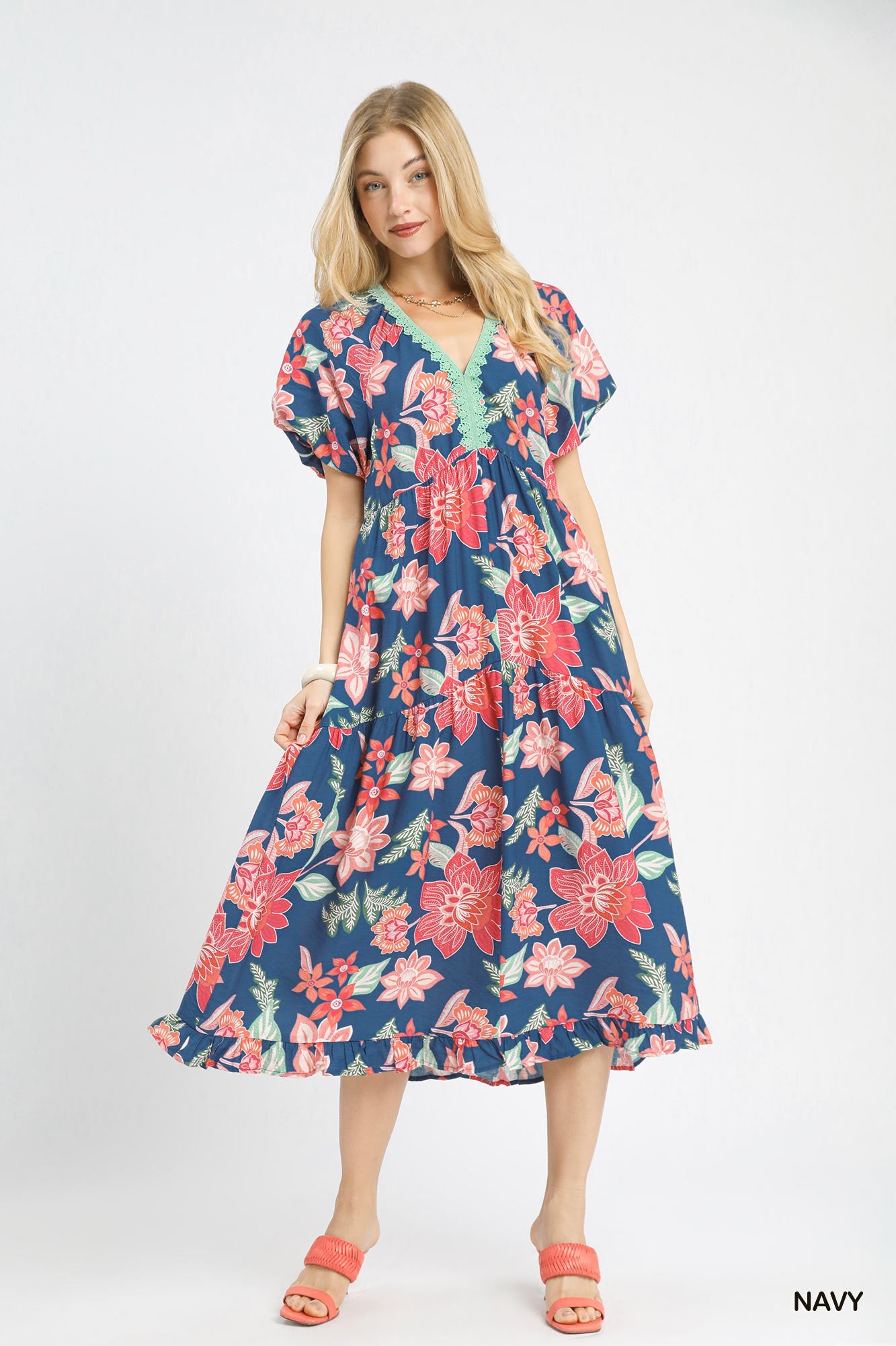 Umgee Floral Print V Neck Maxi Dress In Navy Mix