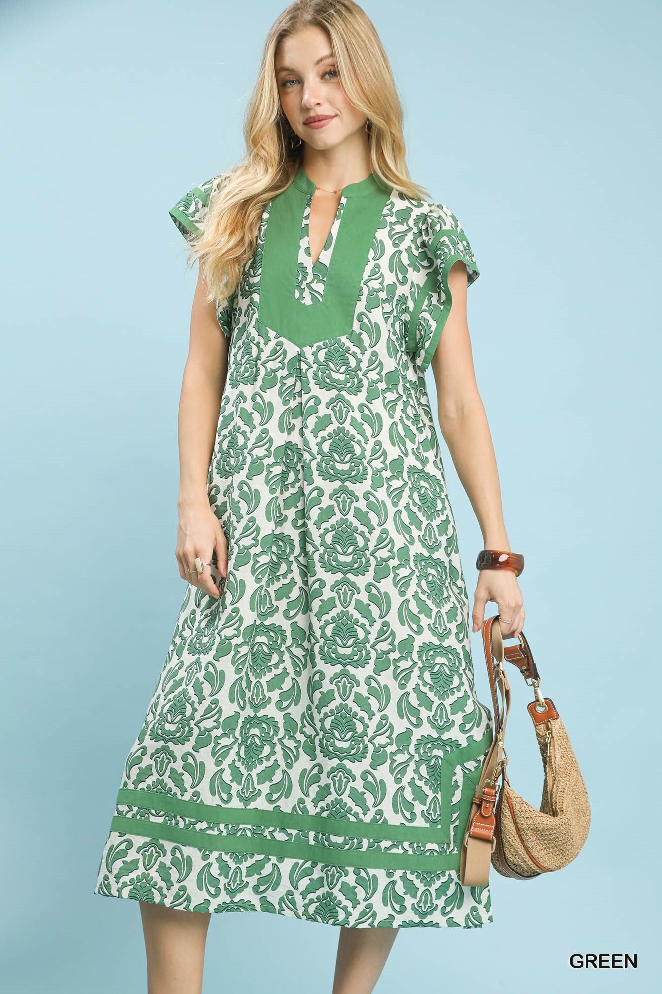 Umgee Abstract Two Tone Print Midi Dress In Green