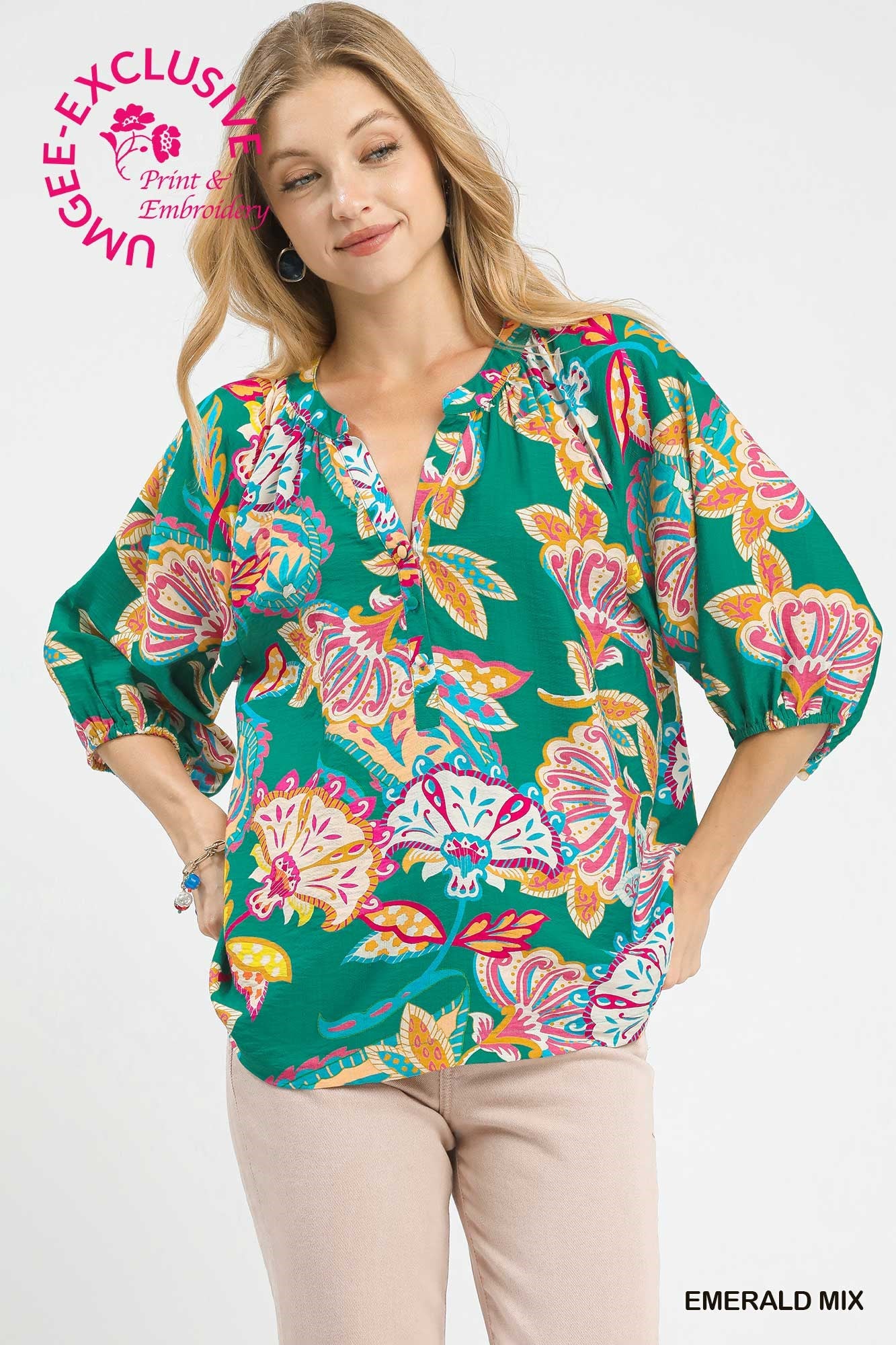 Umgee Paisley Print V Neck Top In Emerald Mix *COMING SOON*