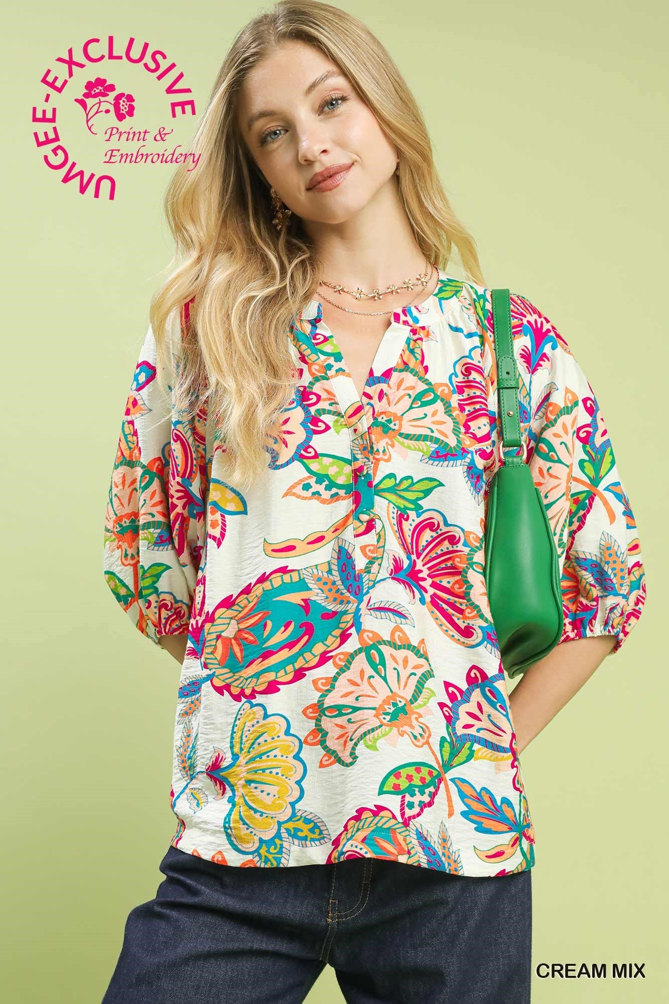 Umgee Paisley Print V Neck Top In Cream Mix