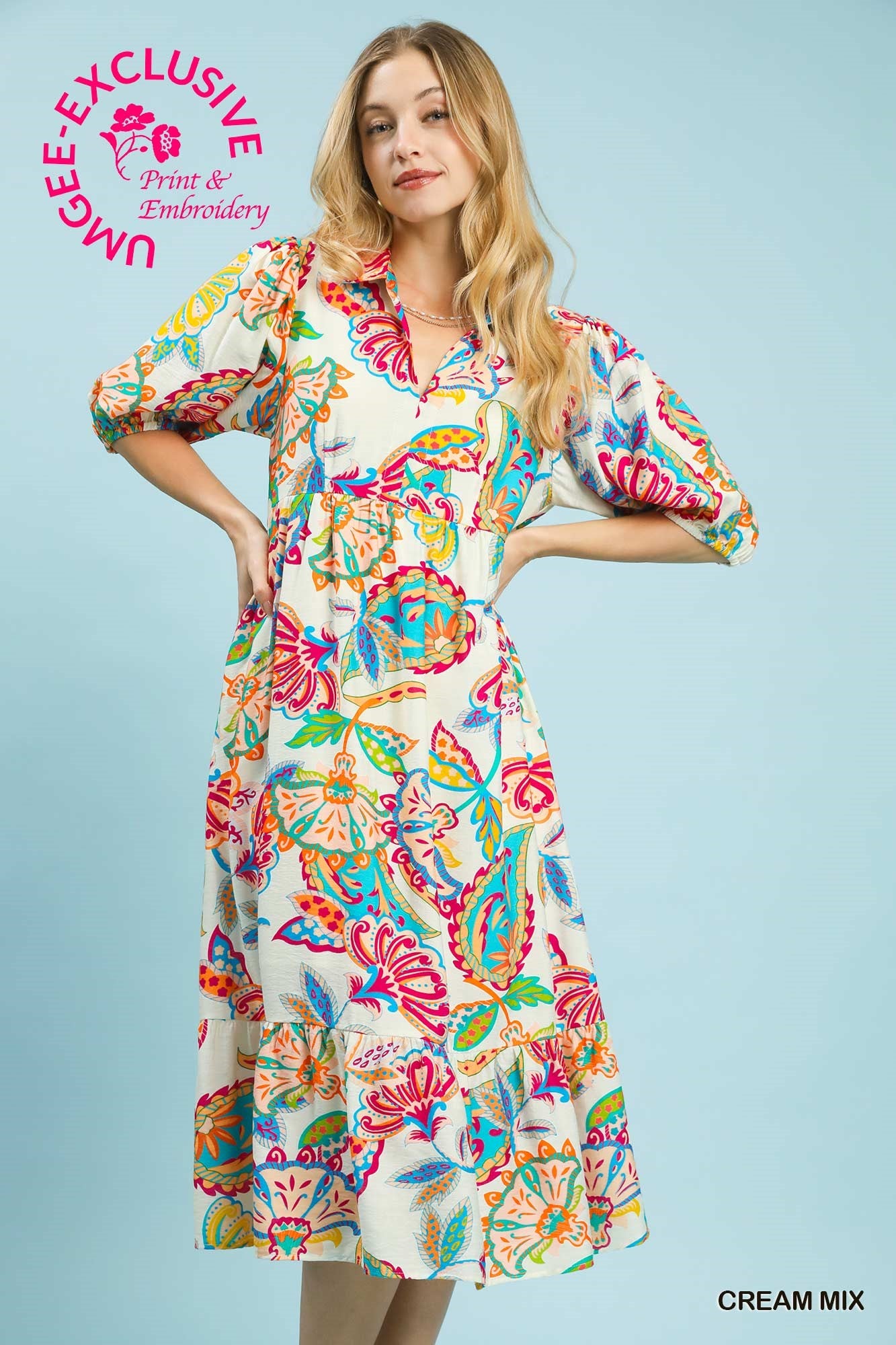 Umgee Mixed Paisley Print Maxi Dress In Cream