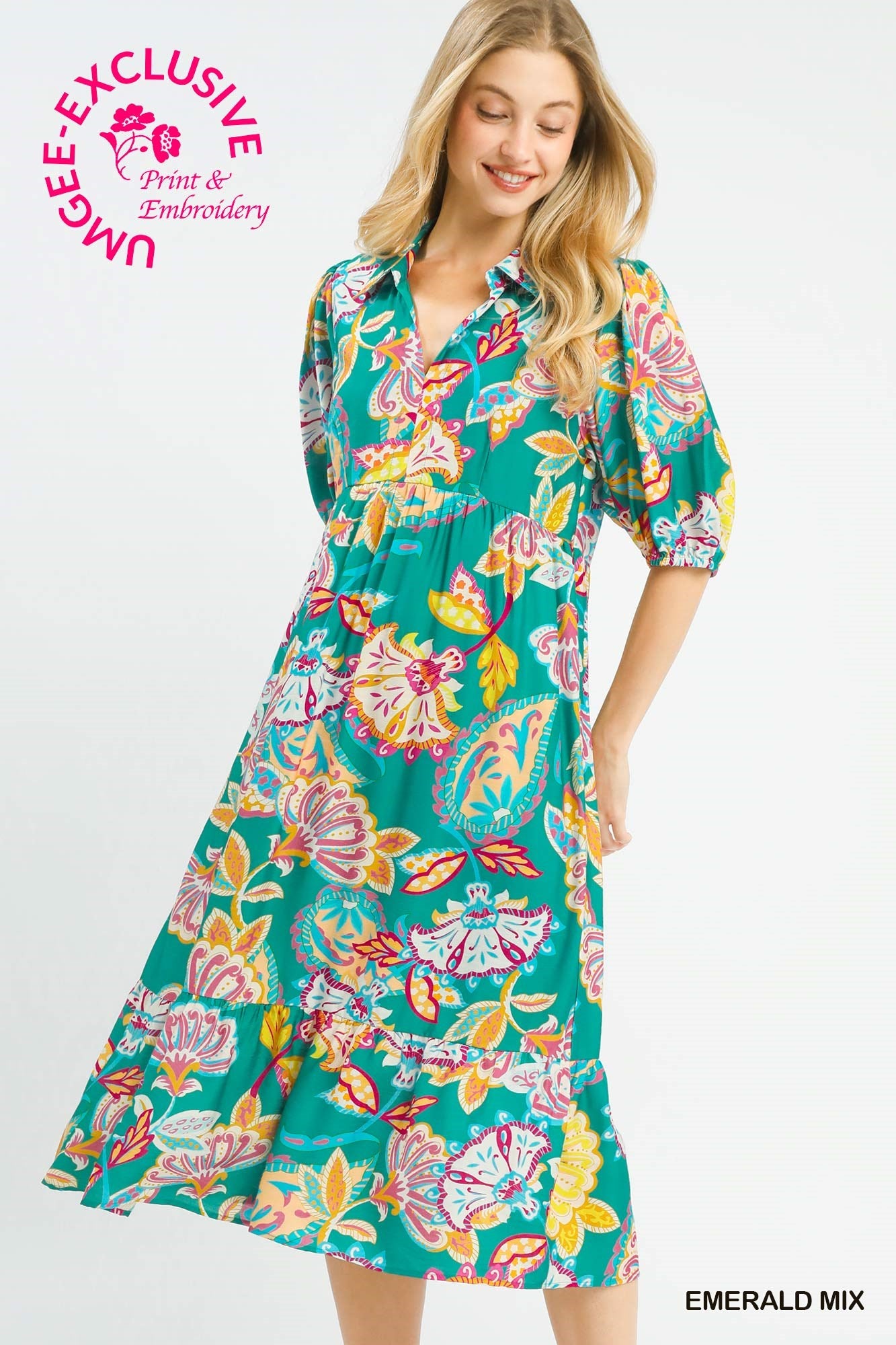 Umgee Mixed Paisley Print Maxi Dress In Emerald