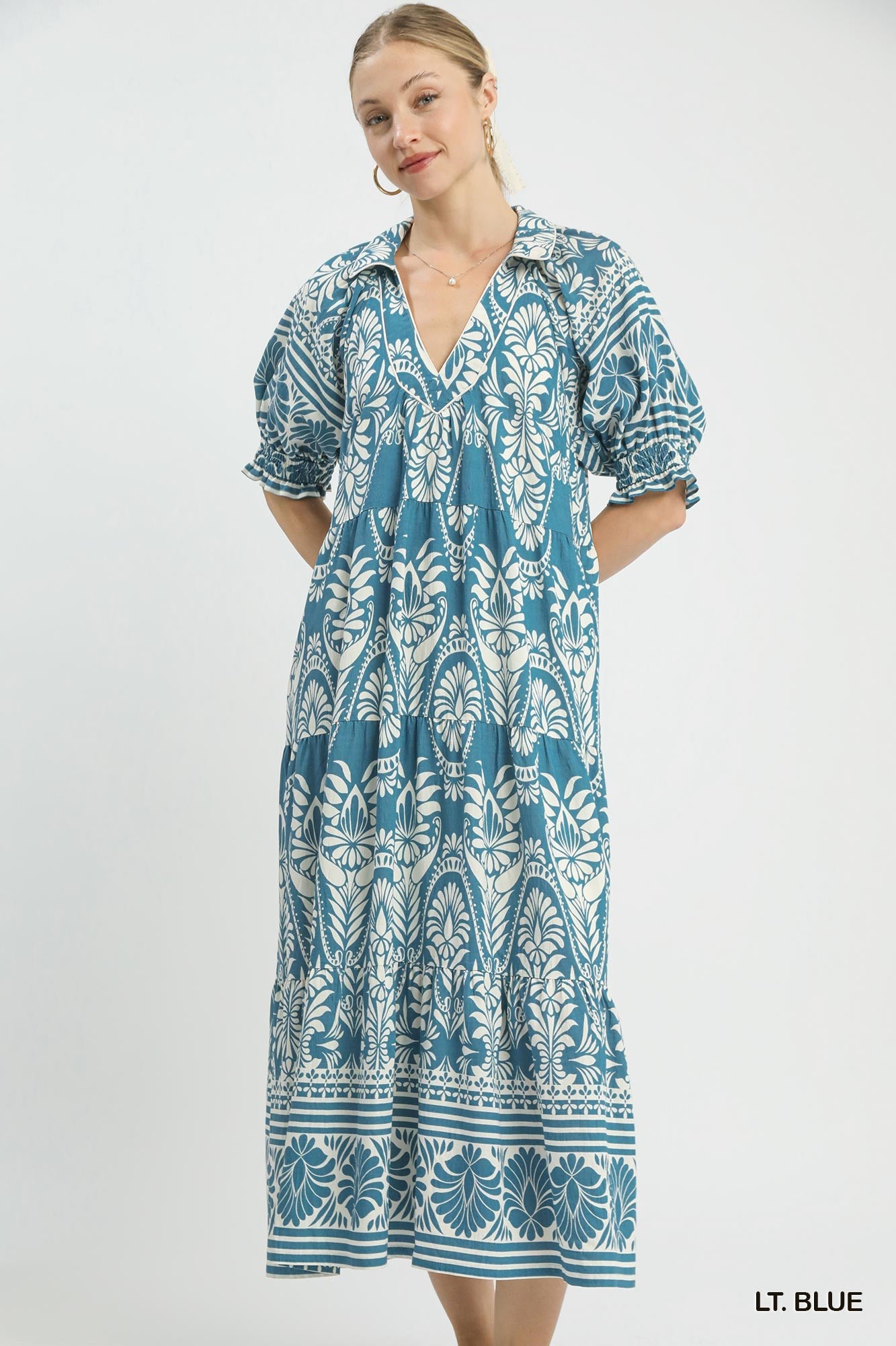 UMGEE Two Tone Border Print Midi Dress In Light Blue