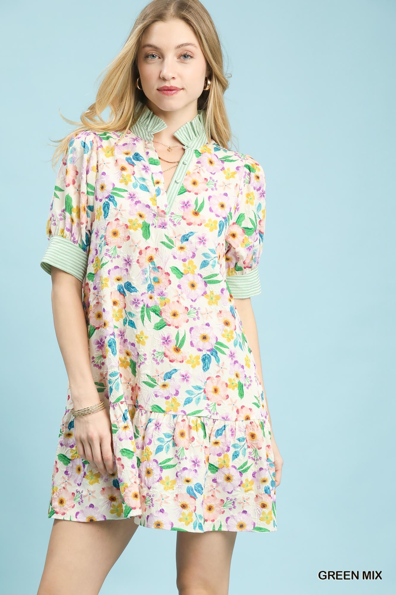 Umgee Floral Ruffle Collar Tiered Babydoll Dress In Green Mix