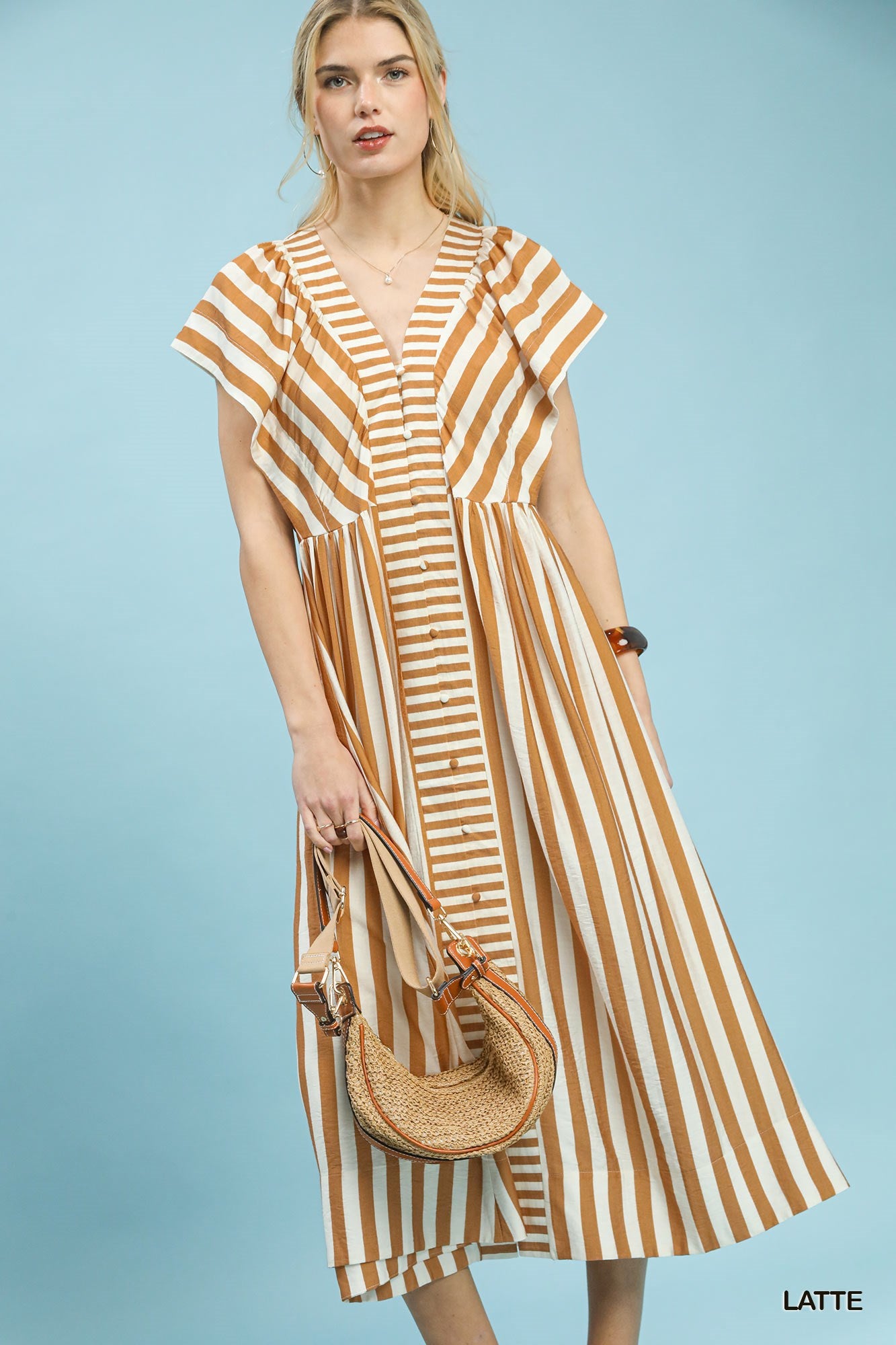 Umgee Striped Button Front Midi Dress In Latte