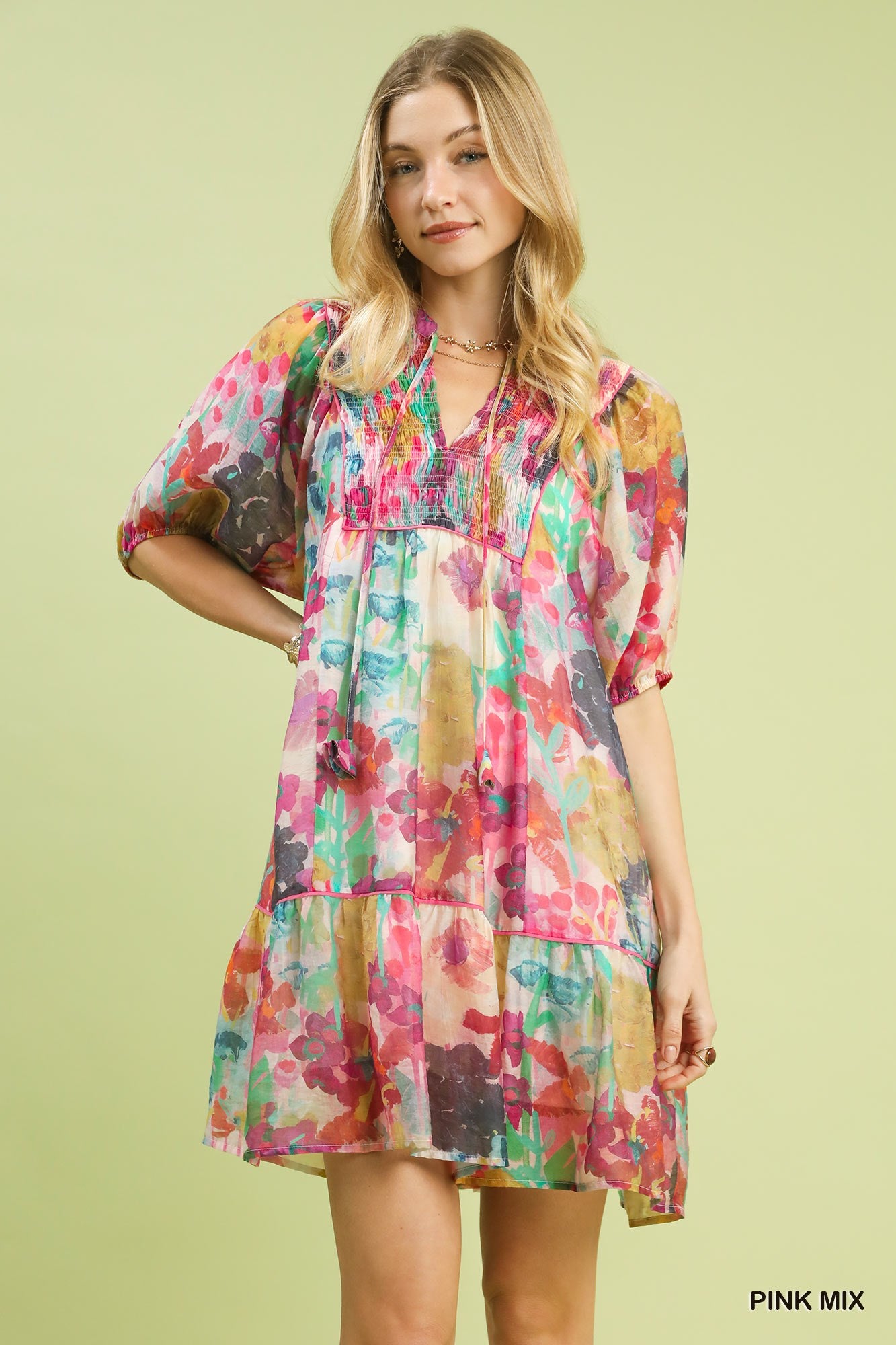 Umgee Mixed Watercolor Babydoll Dress In Pink *COMING SOON*
