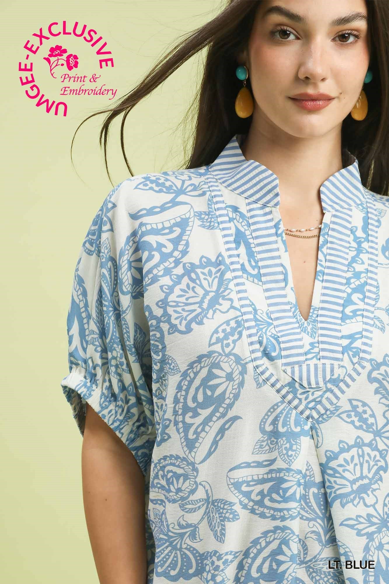 Umgee Botanical Print Mixed Trim Top In Light Blue *COMING SOON*