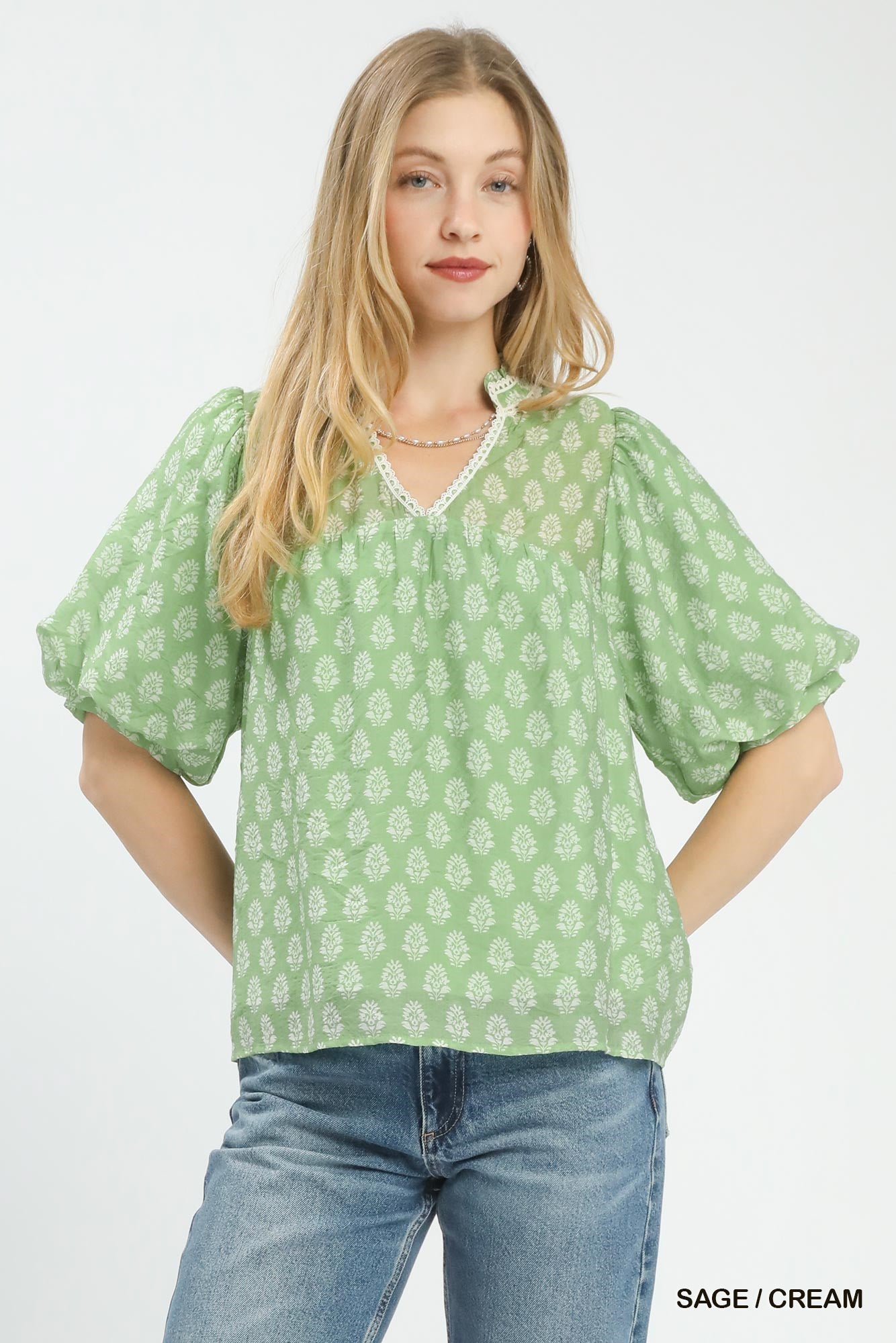 Umgee Two Toned Abstract Print Top In Sage/Cream
