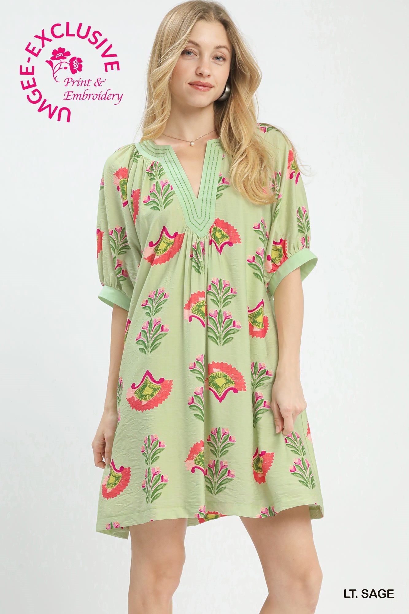 Umgee Abstract Print Mini Dress In Light Sage