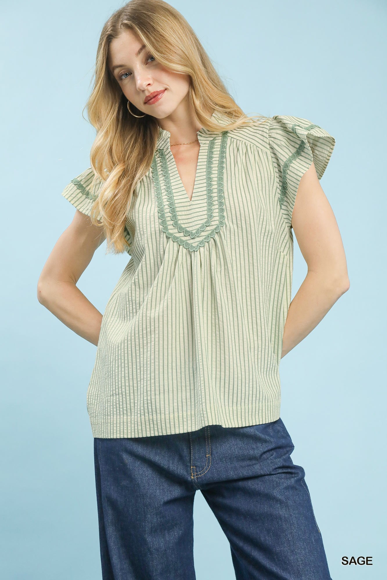 Umgee Striped Flutter Sleeve Top In Sage