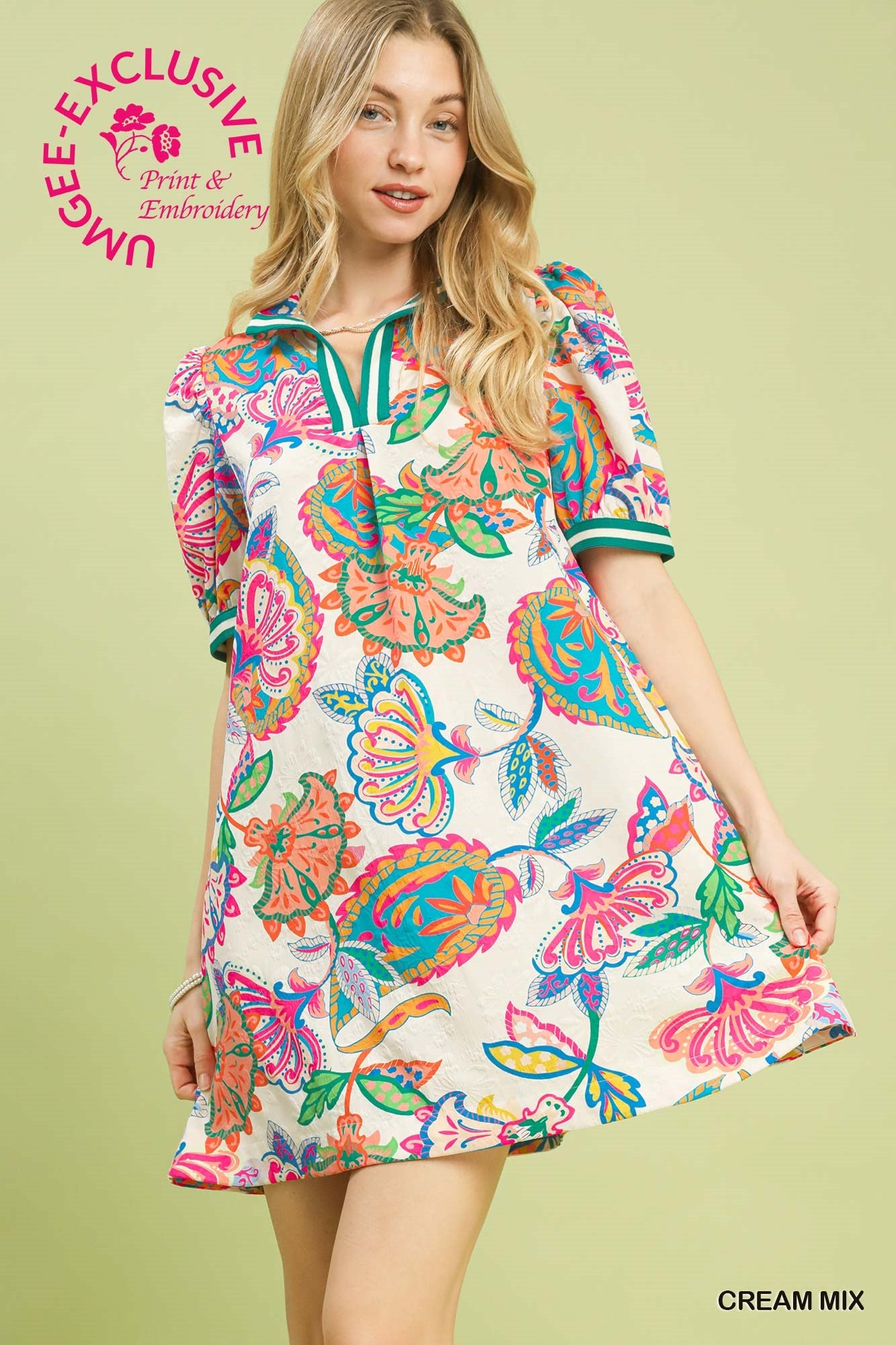 Umgee Jacquard Paisley Print Puff Sleeve Tunic Dress In Cream Mix