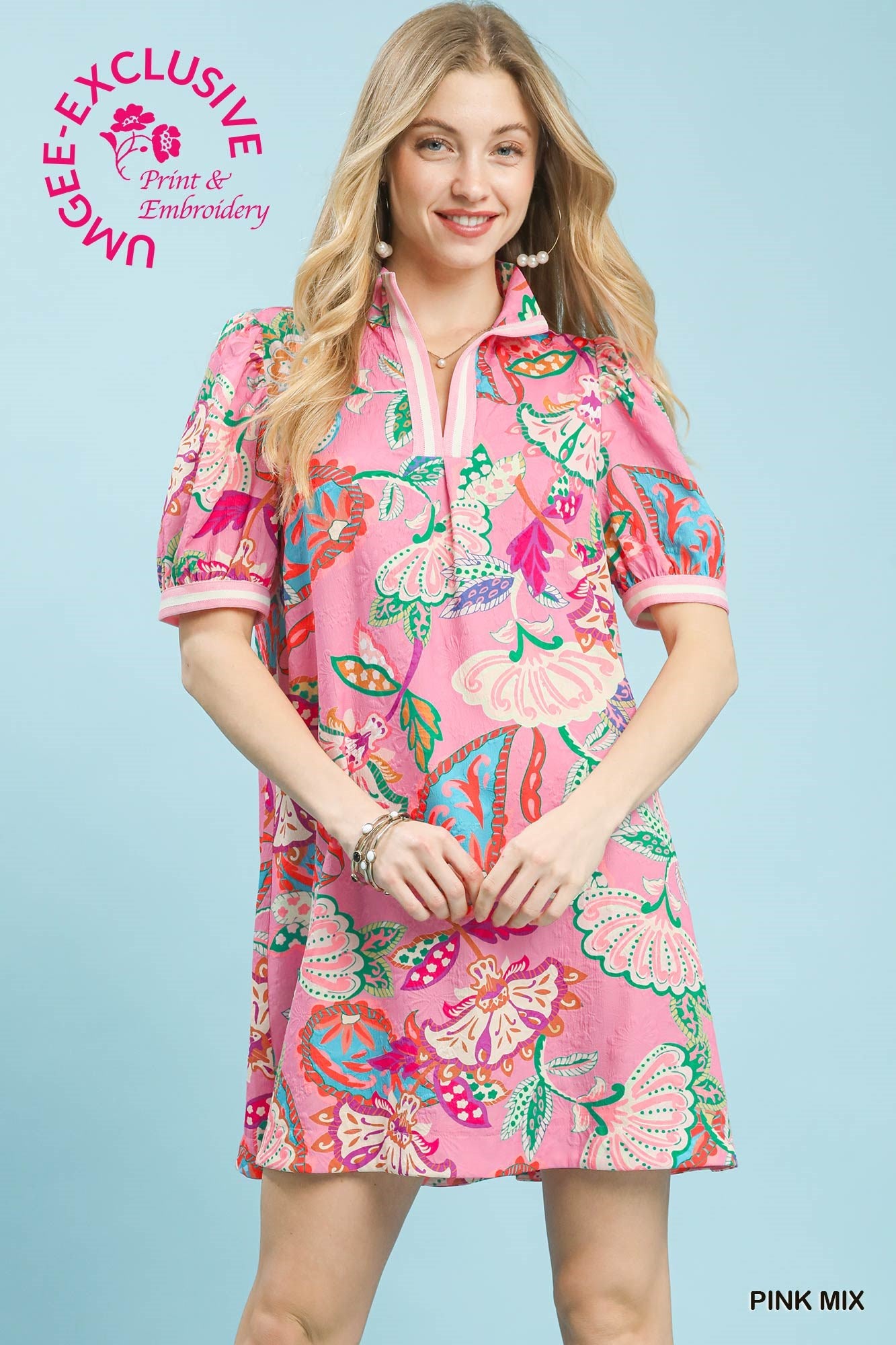Umgee Jacquard Paisley Print Puff Sleeve Tunic Dress In Pink Mix
