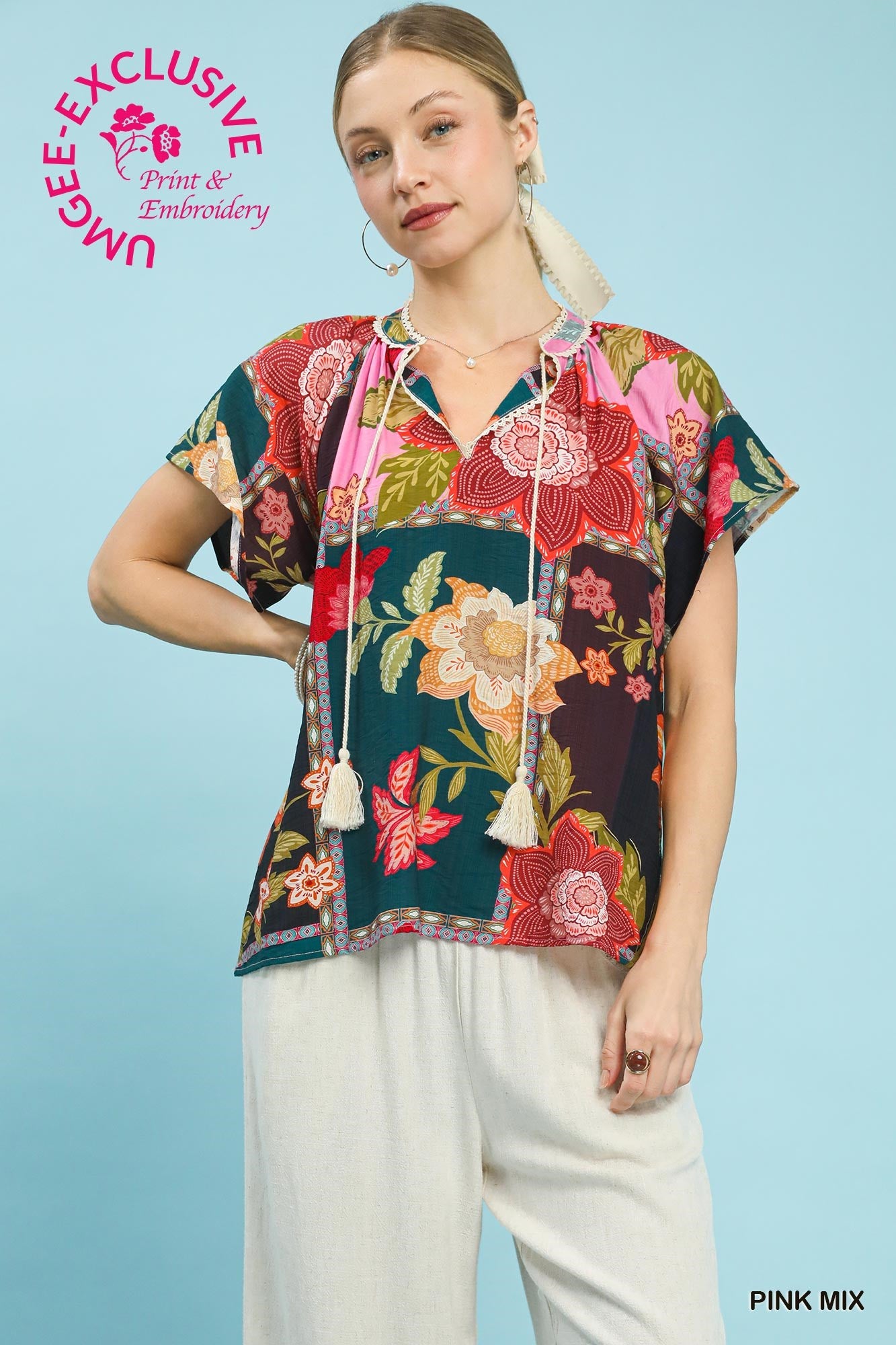 Umgee Mixed Floral Patchwork Tinsel Tie Top In Pink Mix