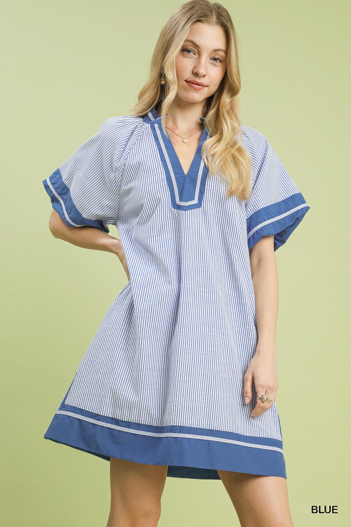 Umgee Striped Mixed V Neck Mini Dress In Blue *COMING SOON*