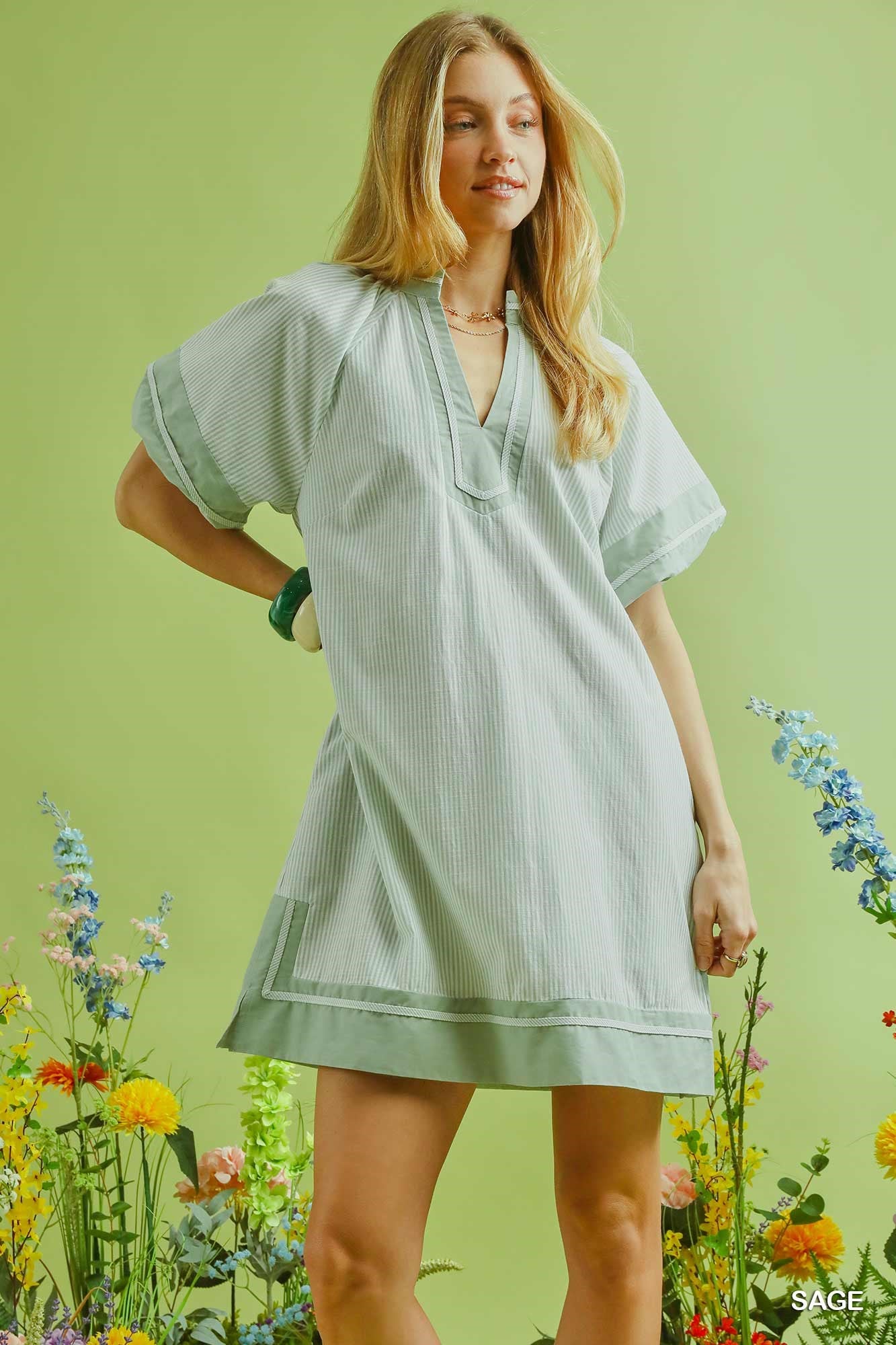 Umgee Striped Mixed V Neck Mini Dress In Sage *COMING SOON*