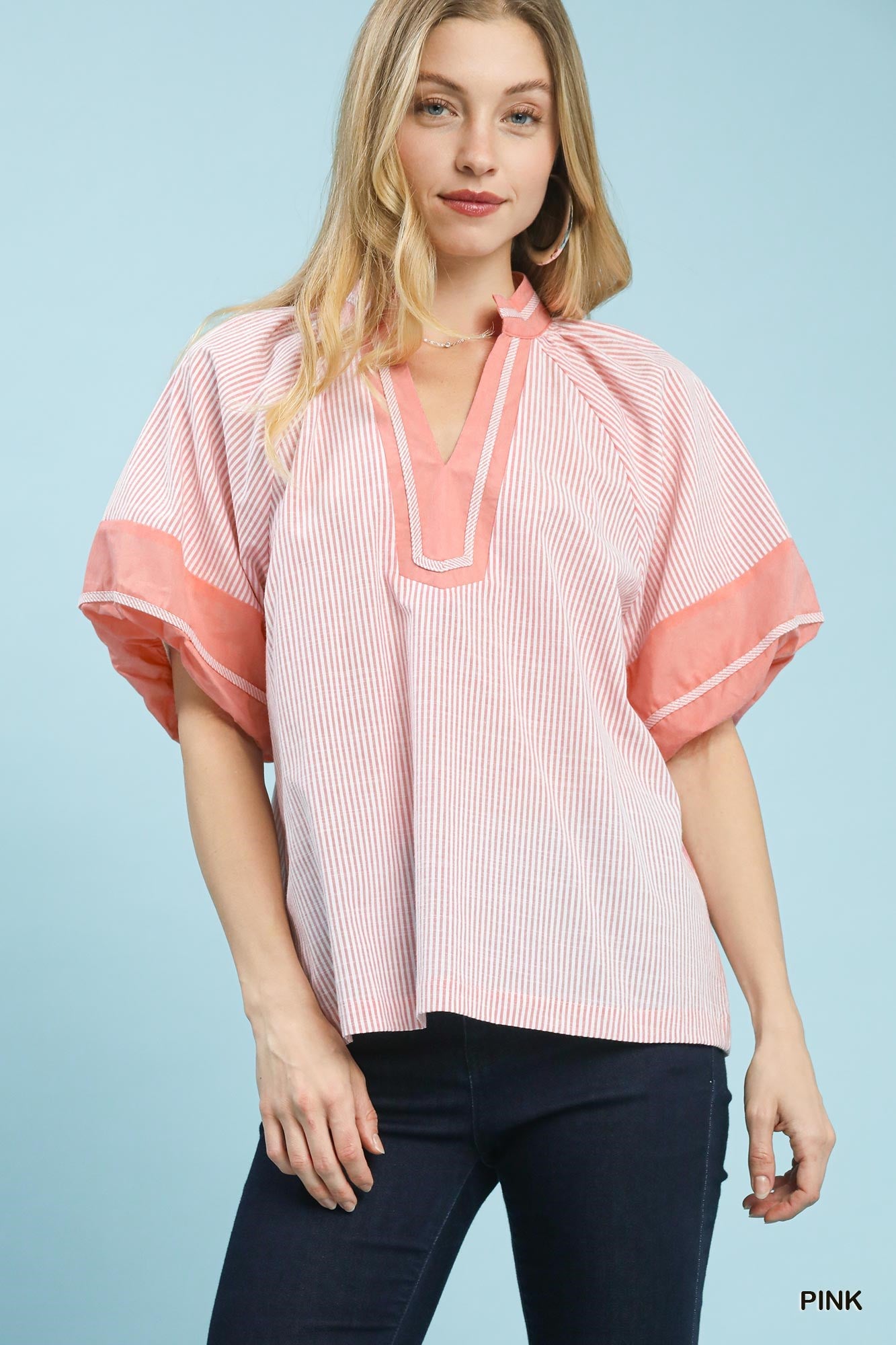 Umgee Striped Mixed V Neck Top In Pink *COMING SOON*