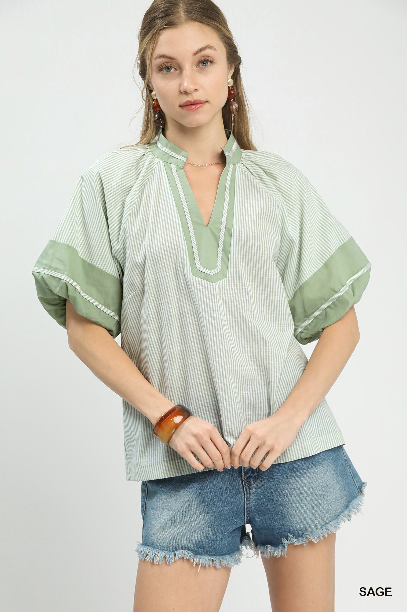 Umgee Striped Mixed V Neck Top In Sage *COMING SOON*