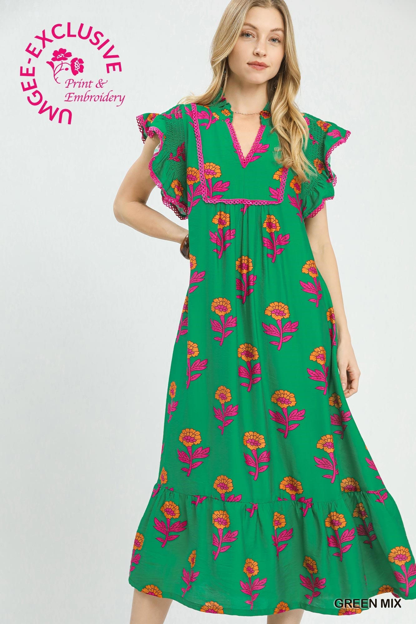 Umgee Floral Ruffle Trim Tiered Maxi Dress In Green Mix *COMING SOON*