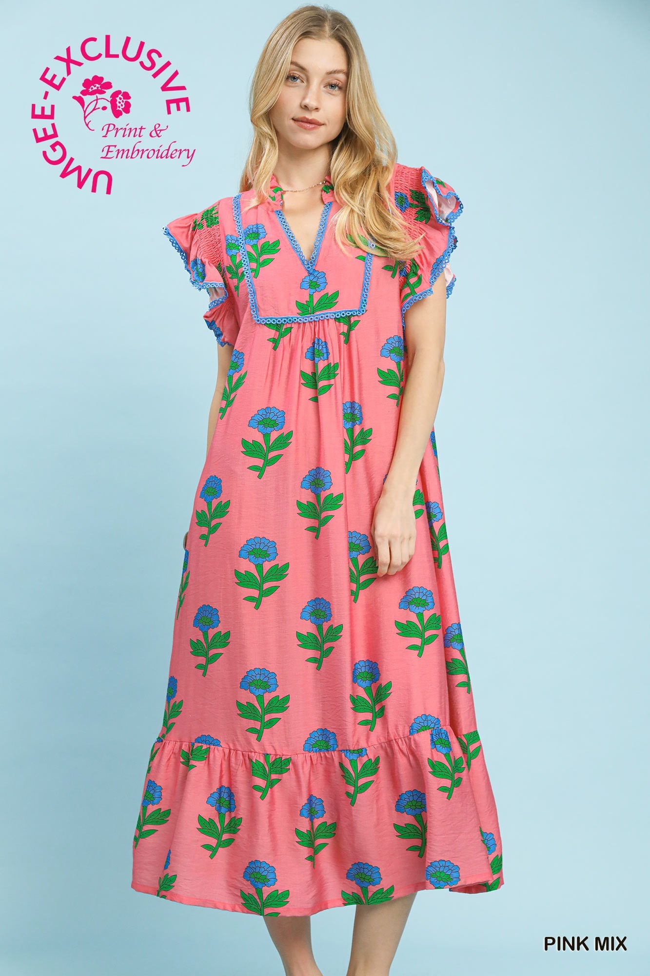 Umgee Floral Ruffle Trim Tiered Maxi Dress In Pink Mix *COMING SOON*