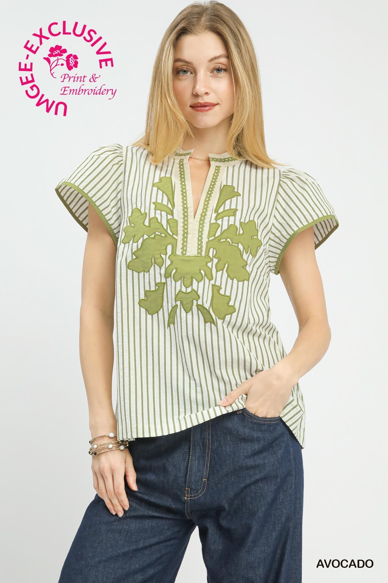 Umgee V Neck Striped Top With Embroidery And Lace Trim In Avocado *COMING SOON*