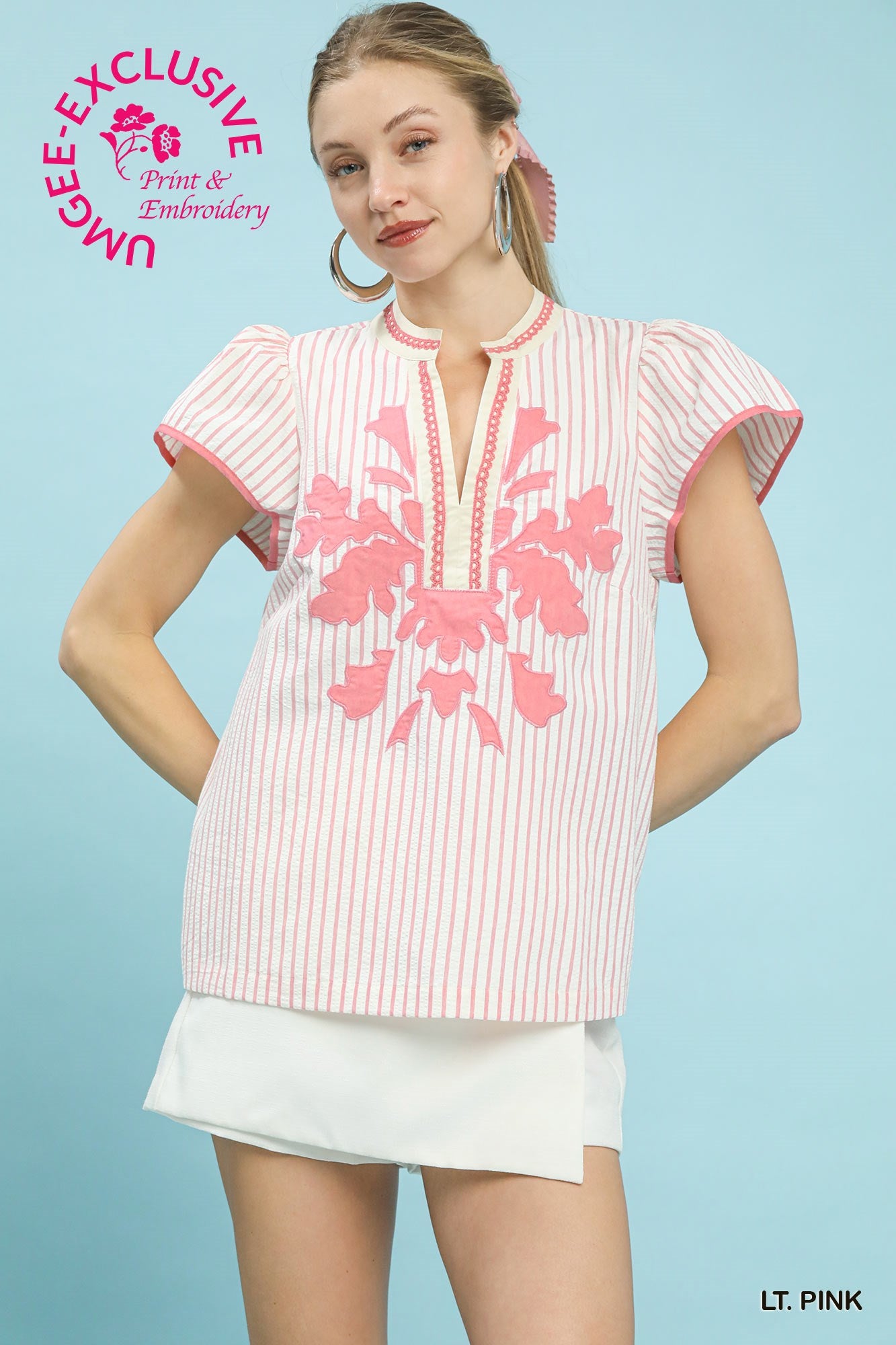Umgee V Neck Striped Top With Embroidery And Lace Trim In Light Pink *COMING SOON*