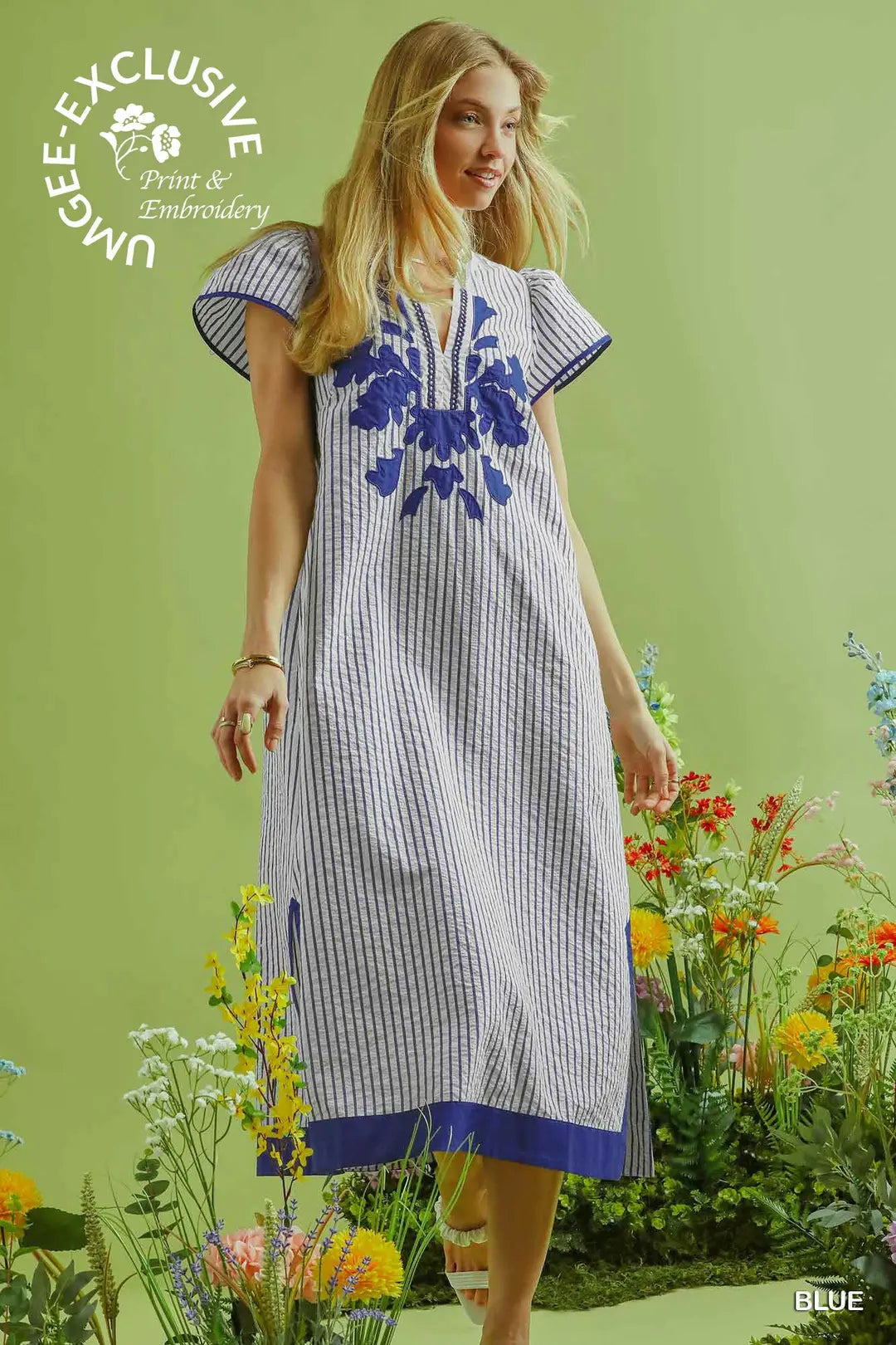 Umgee Striped Midi Dress With Embroidery and Lace Trim In Blue