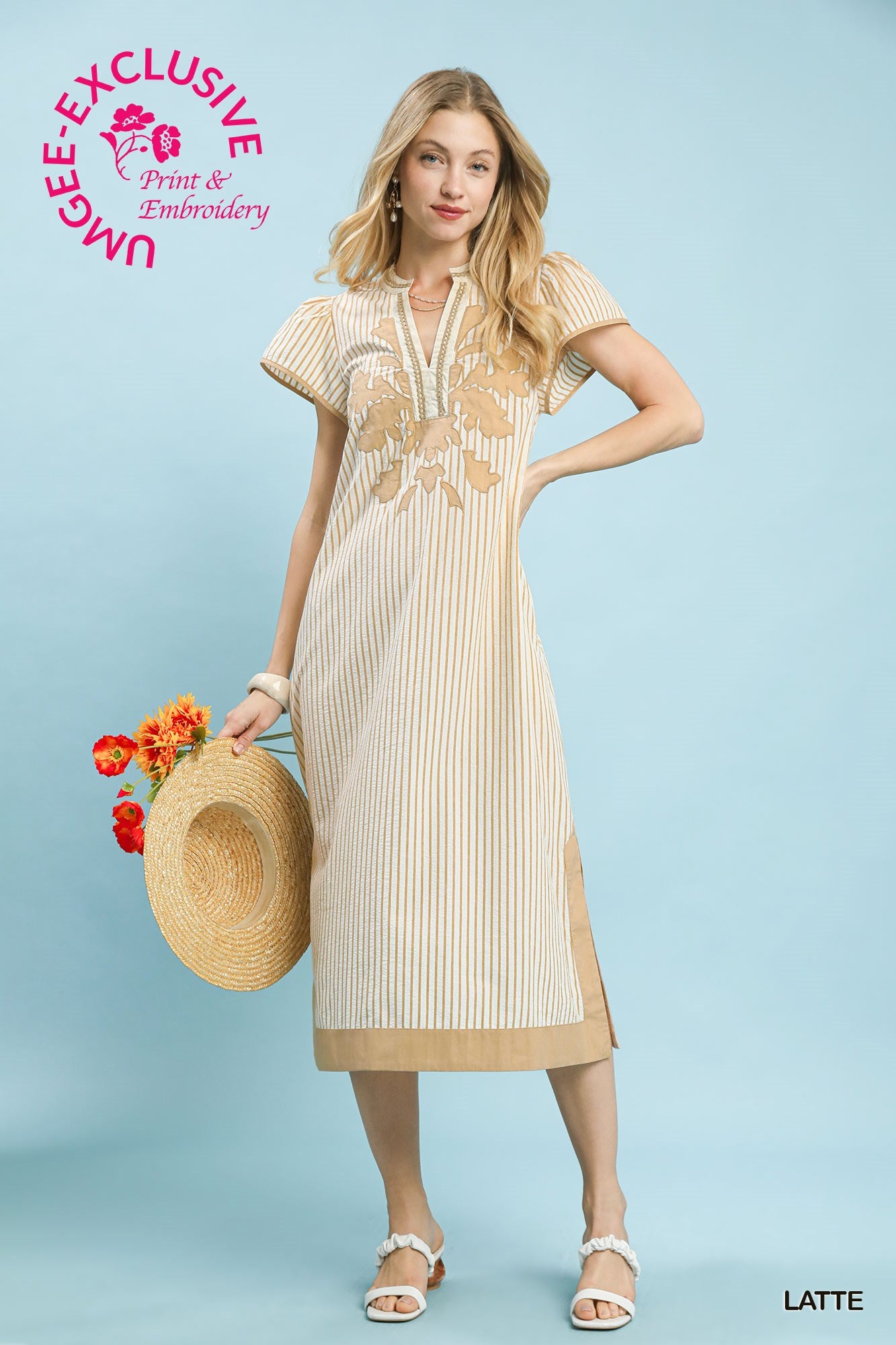 Umgee Striped Midi Dress With Embroidery and Lace Trim In Latte *COMING SOON*