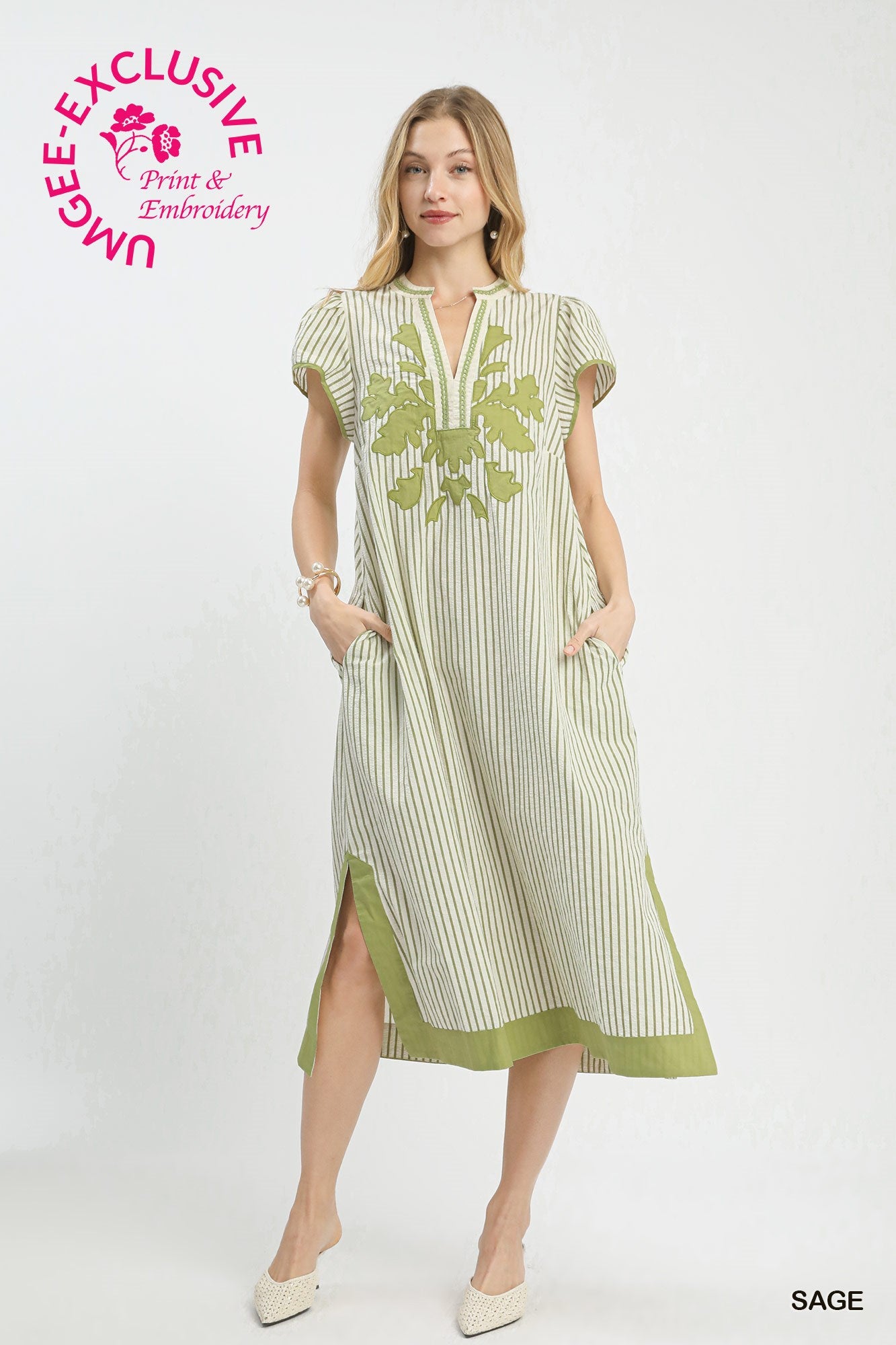 Umgee Striped Midi Dress With Embroidery and Lace Trim In Sage *COMING SOON*